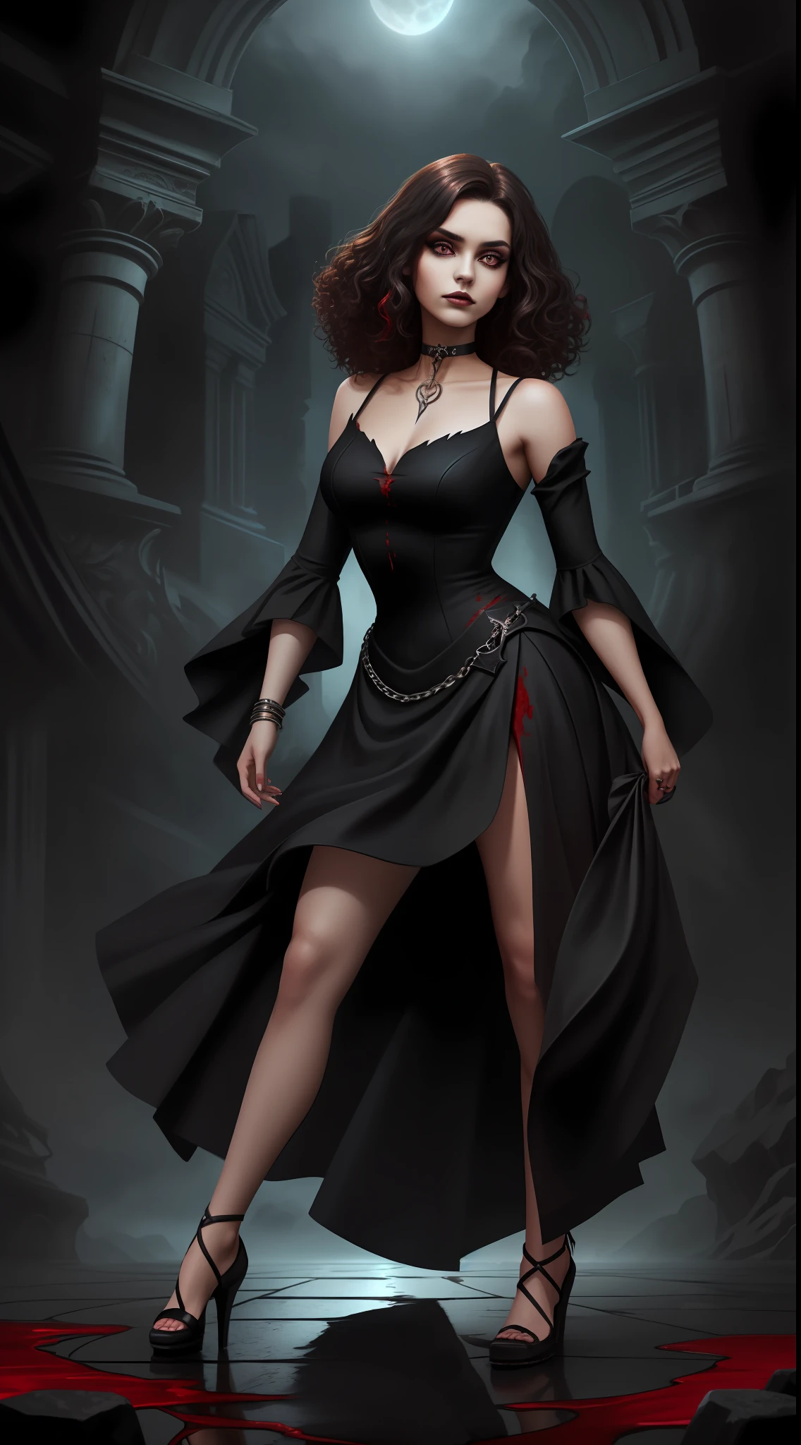 full body potrait of a photorealistic beautiful brunette seductress, devilish, curly hair, hell, dark sky, gloomy, exotic black and red vilain dress, choker style colar, blood color eyes, detailed face, goth, full body, dark fantasy, bloody