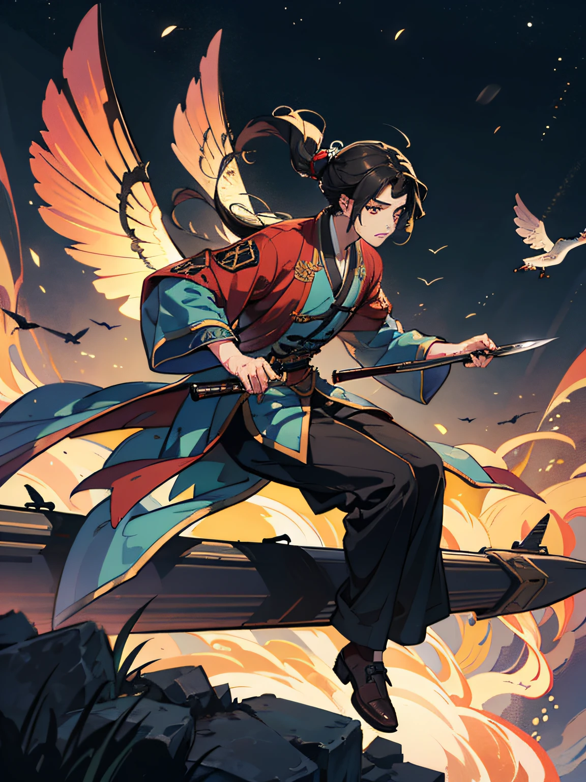 Men，Handsome，Night scene，Long knives，Fly into the air，Hanfu，bobhair --auto