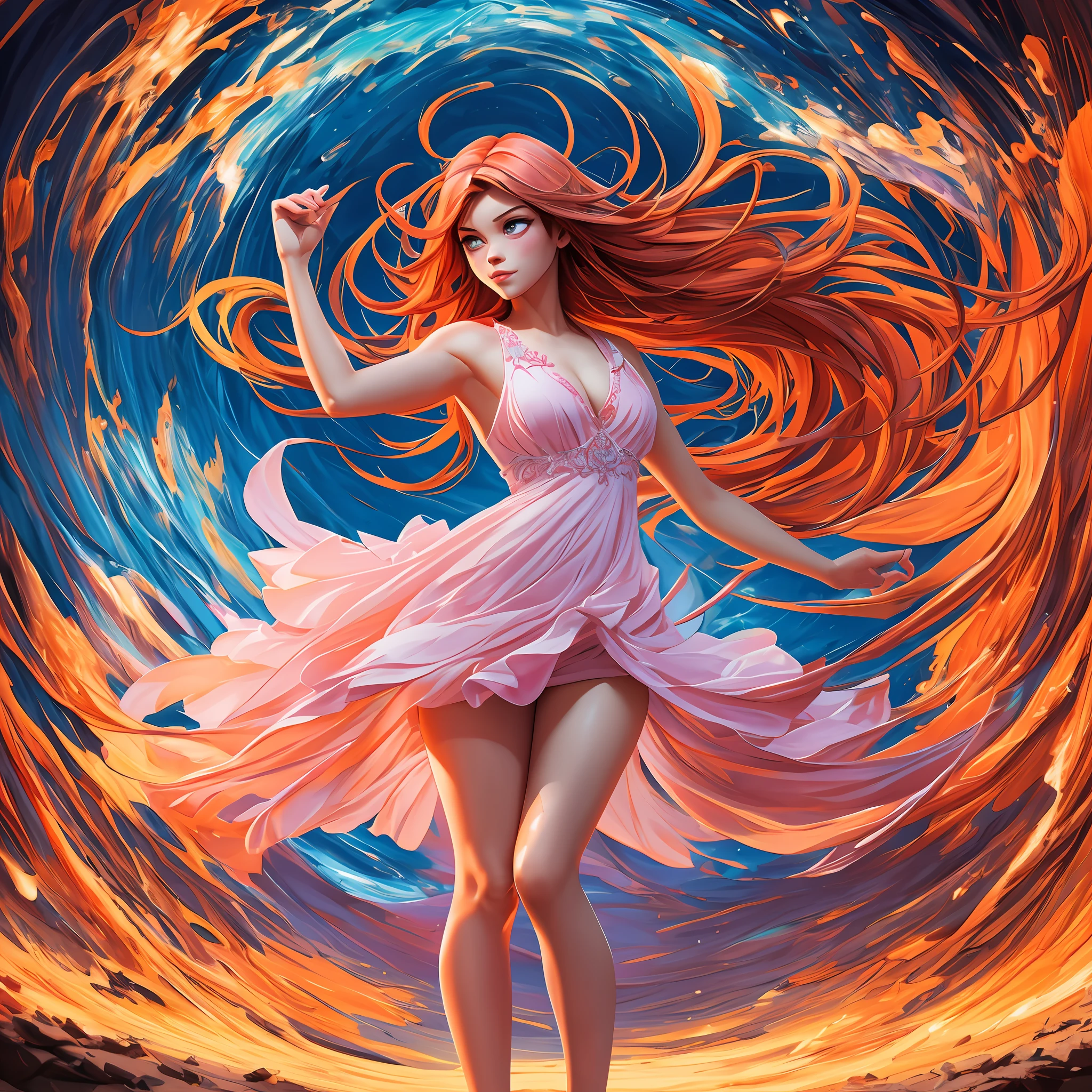 full body shot, by Ilya Kuvshinov, art by Ivan Aivazovsky, art by Leonid Afremov, young anime woman, perfect hourglass figure, posing, ultra cute, ultra joyful, bright blue eyes, pink-orange hair, wearing a warm pink-orange-white ultra uptight beach dress, lut, ultra skin indentation, warm vibrant pastel colors, insane details, intricate details, hyperdetailed, 8k, volumetric light, depth of field, perfect anatomy, completely clean body, art by Leonid Afremov, art by Ilya Kuvshinov,