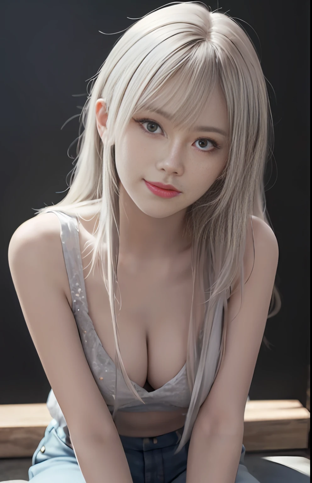 (Ultra Realistic), (Illustration), (High Resolution), (8K), (Very Detailed), (Best Illustration), (Beautiful and Detailed Eyes), (Best Quality), (Ultra Detailed), (Masterpiece), (Wallpaper), (Detailed Face), Solo, One Girl, Viewer, Fine Detail, Detailed Face, In the Dark, Deep Shadows, Low Key, pureerosfaceace_v1, Smile, Long Hair, 46-point oblique bangs, showing the whole body, legs, white hair, sitting