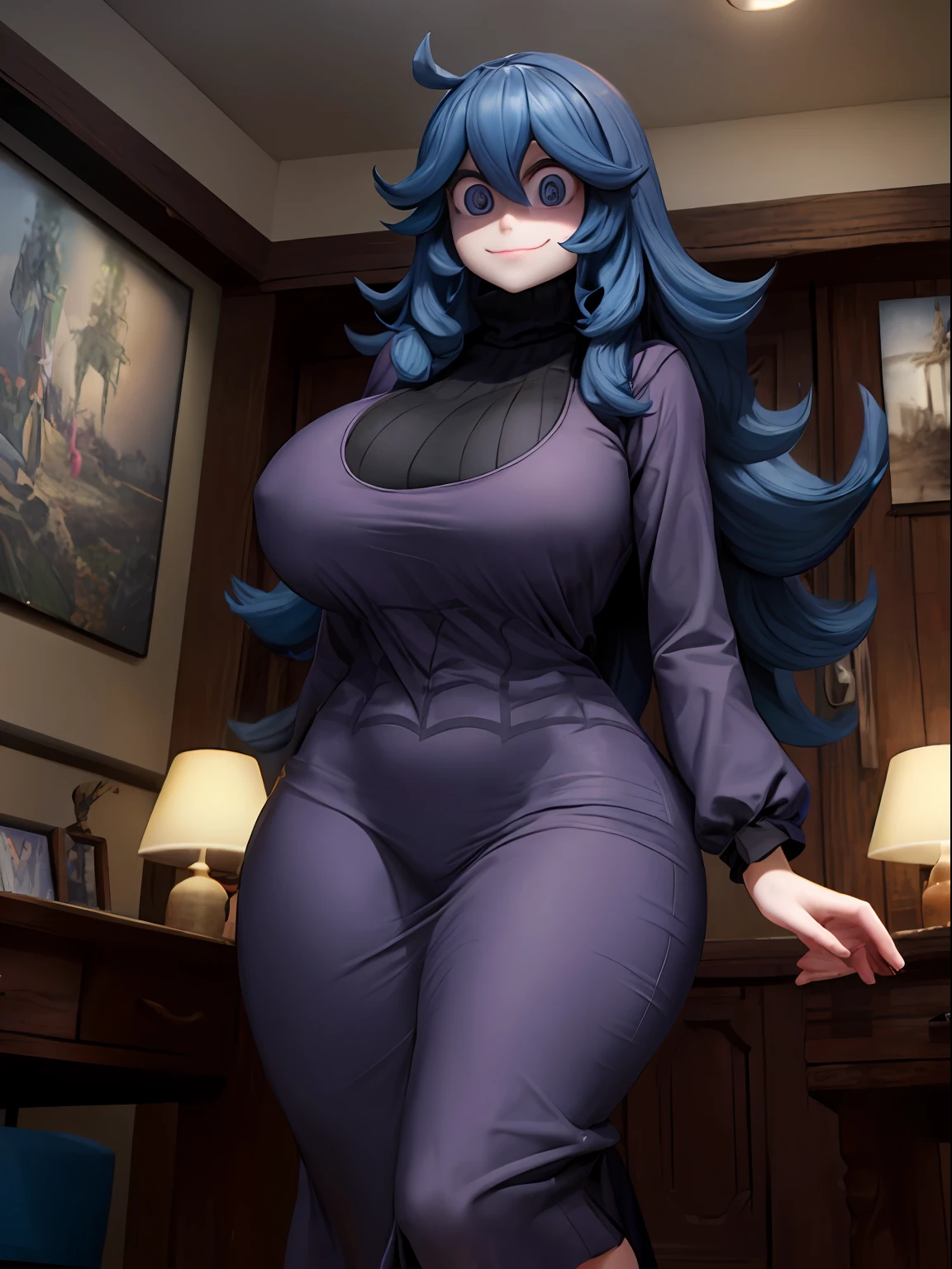 ((masterpiece:1.2)), best quality, ((extreme detail)), (official art), (ultra-detailed), anime screencap, extremely, detailed, CG, 3d, unity, 8k, wallpaper, hex maniac, hex maniac(pokemon), 1girl, solo, standing, (full body view), (huge breasts), wide hips, long sleeved turtleneck sweater dress, purple clothes, taut dress, embarrassed, smile, purple eyes, cowboy shot, crazy eyes, (shaded_face:1.3), anime,