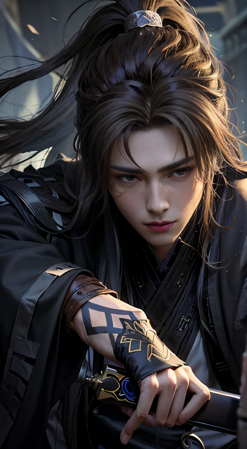 A warrior,long way hair,Hanfu,Robe,Sword,Handsome face shape,Lifelike:1.2