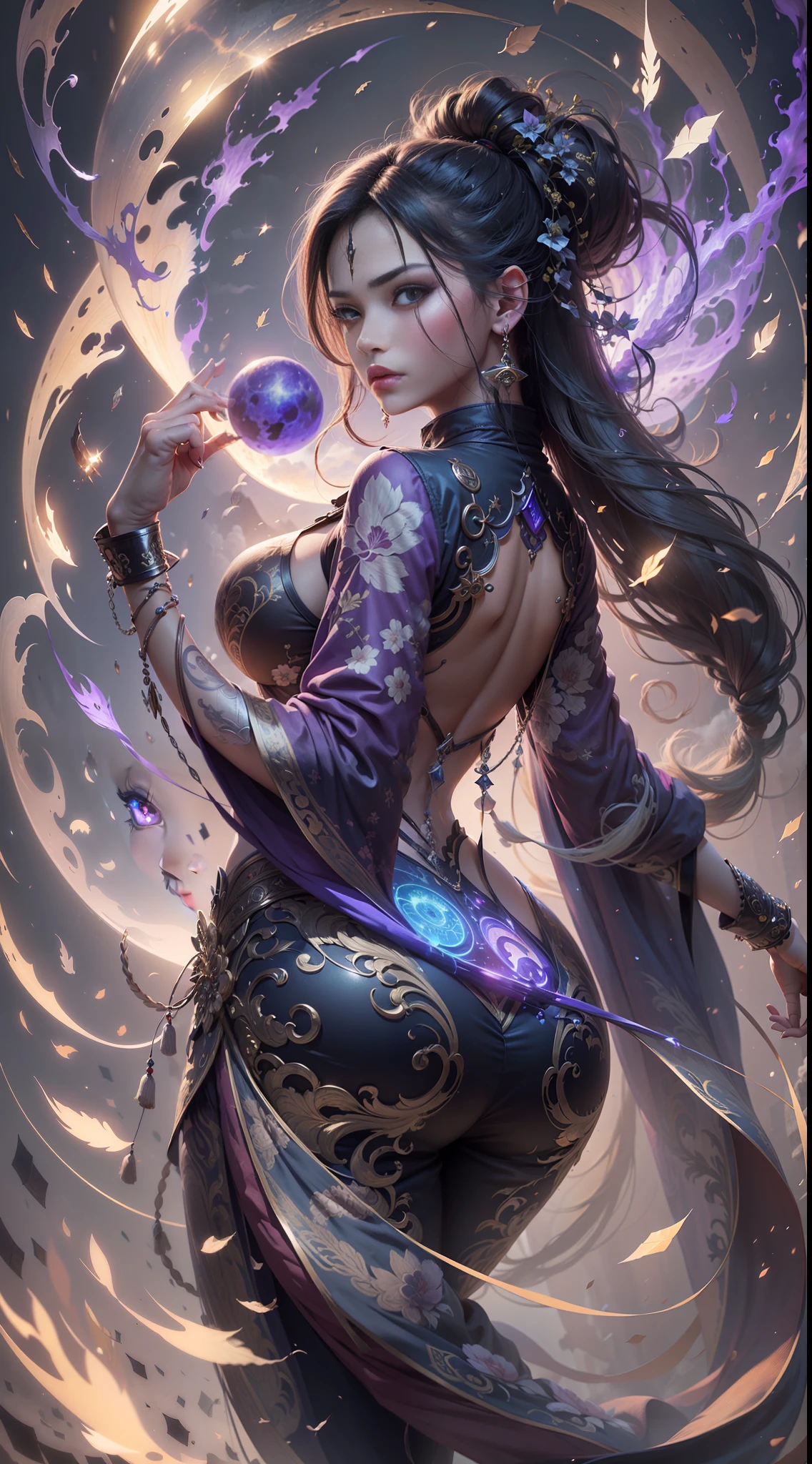 A handsome and beautiful girl, a beautiful woman with a national style, ( Kung Fu Master) ( Neijia boxing master) High-forked jumpsuit (Bare back) Tight trousers, Jacket, Shawl decoration, Beautiful face, Delicate facial features, Professional makeup, serious and focused expression, Long black hair, Perfect body proportions, Beautiful legs, tai chi posture styling, 3/4 side portrait, purple star decoration, 8K HD, Highest image quality, Extreme detail, highest contrast, highest resolution, stunning picture, master production, official aesthetics, artstration, Rich graphics, computer special effects style, fantasy features, Moon background, platform background, Cloudy background, sky garden background