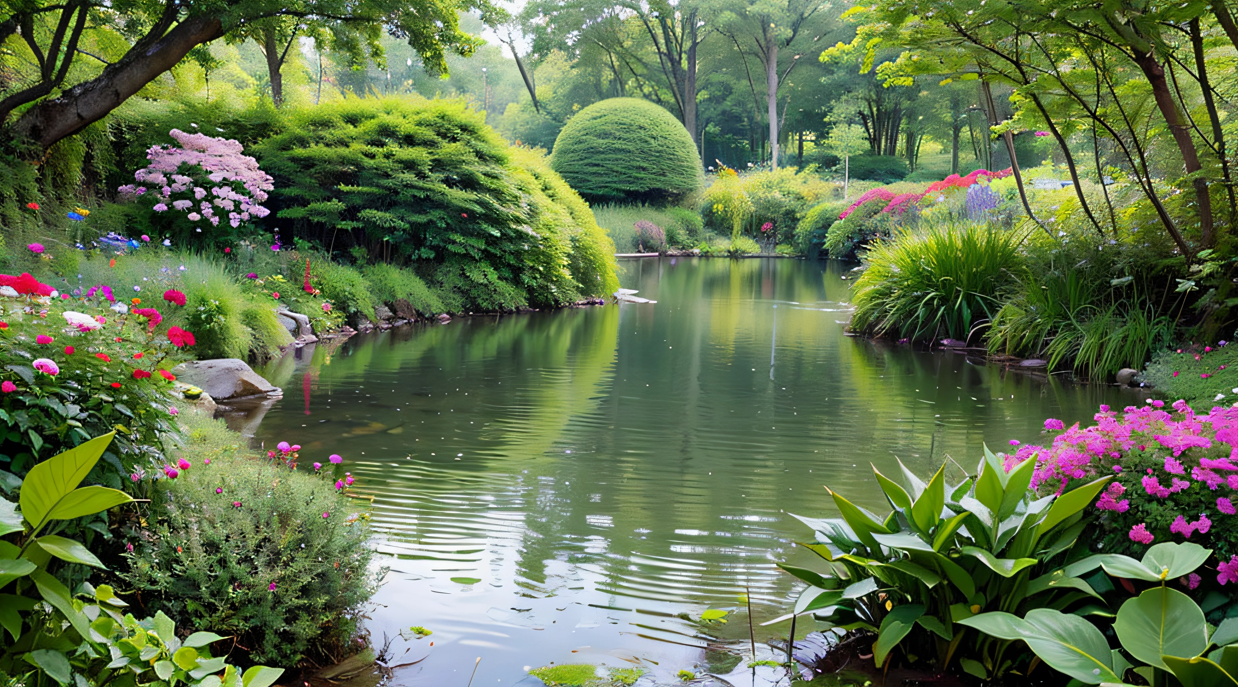 Secret garden with lake and lush flora, ultra HD
