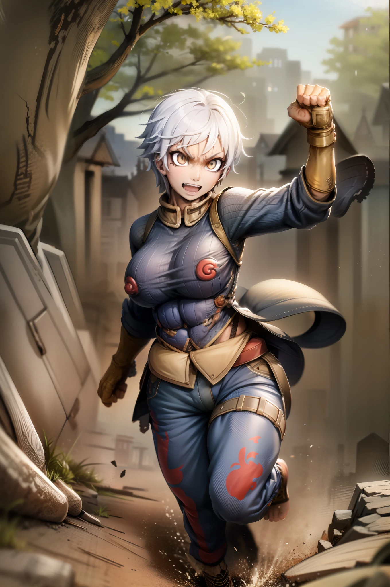 ((masterpiece, best quality)),(complex light),solo,solo focus,1girl,asura, white hair, bright eyes, furious, golden arms, simple background, jump, punch, destroyed debris background,tomboy, happy, smile, short hair, alone,portrait, walking, big breast, full body, walking, smile, happy, coat, pole-shirt, village, forest, europe, medieval village