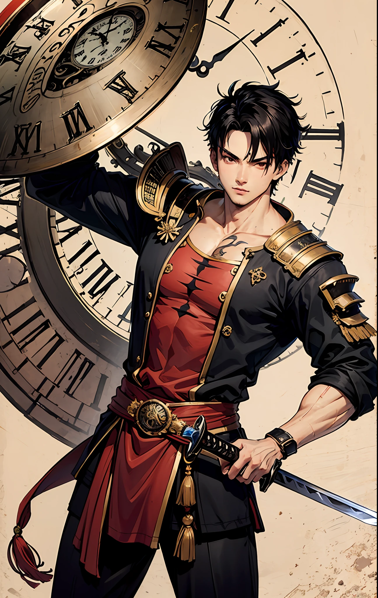A cool boy, muscular boy, stony, black hair, red eyes, wearing warrior clothes, holding a sword, handsome. Background with big clock