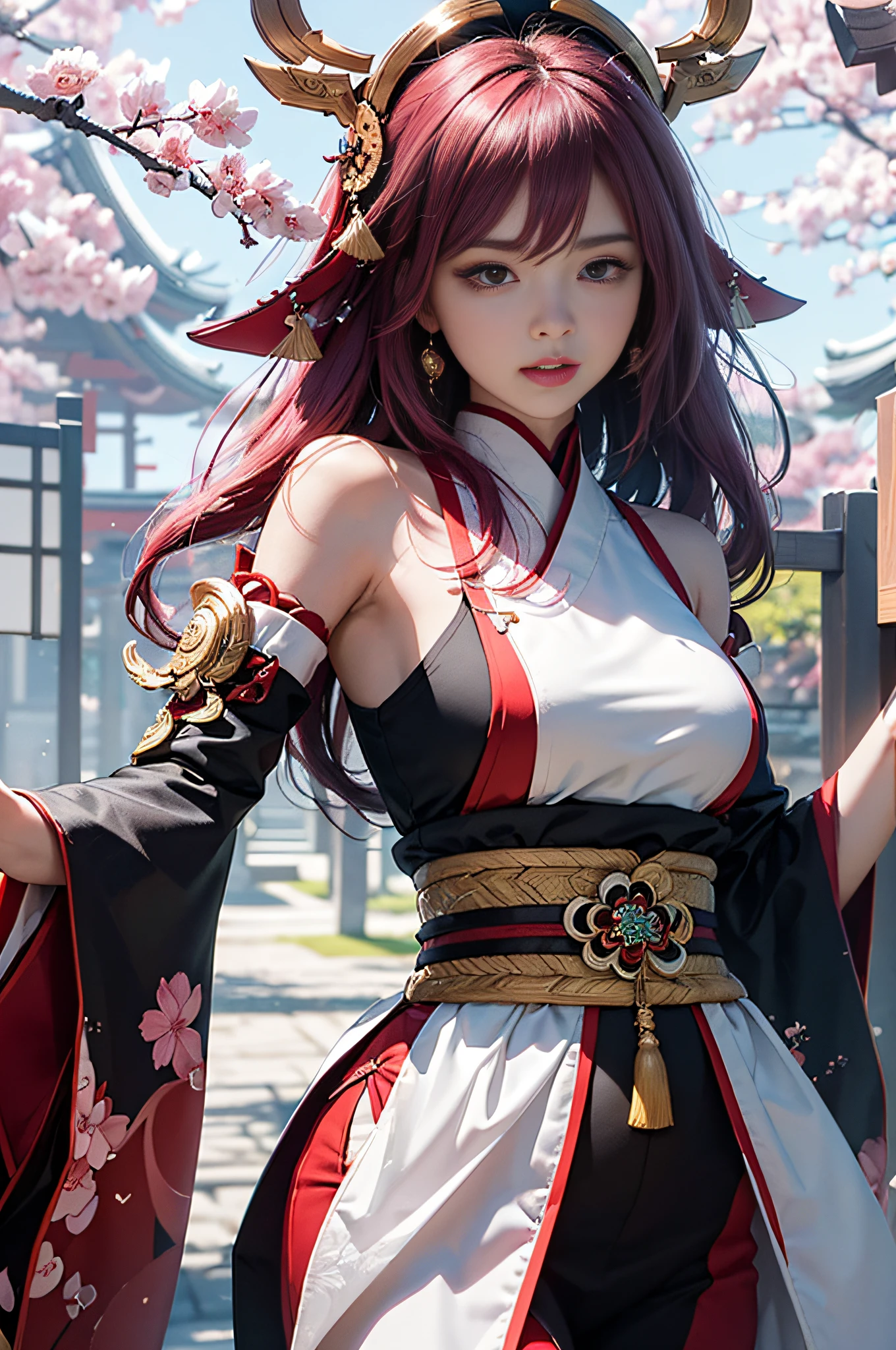 officlal art,Unity 8k wallpaper,Ultra Verbose,aesthetically pleasing,beautiful,The Masterpiece,best qulity, Yae Miko in Genshin,Long pink hair,gold hair ornament,Cherry blossoms flying,Cinematic Lights,