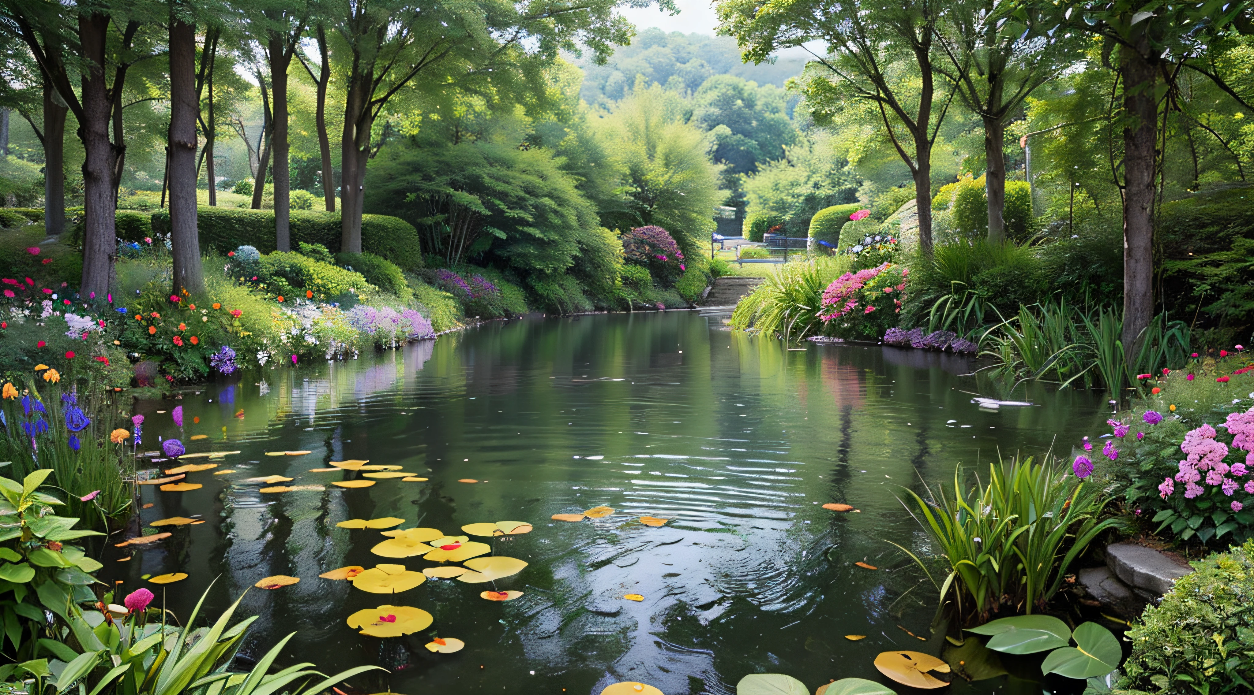 Secret garden with lake and lush flora, ultra HD