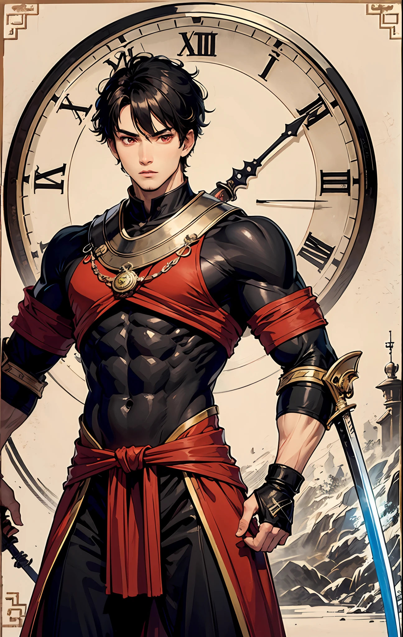 A cool boy, muscular boy, stony, black hair, red eyes, wearing warrior clothes, holding a sword, handsome. Background with big clock