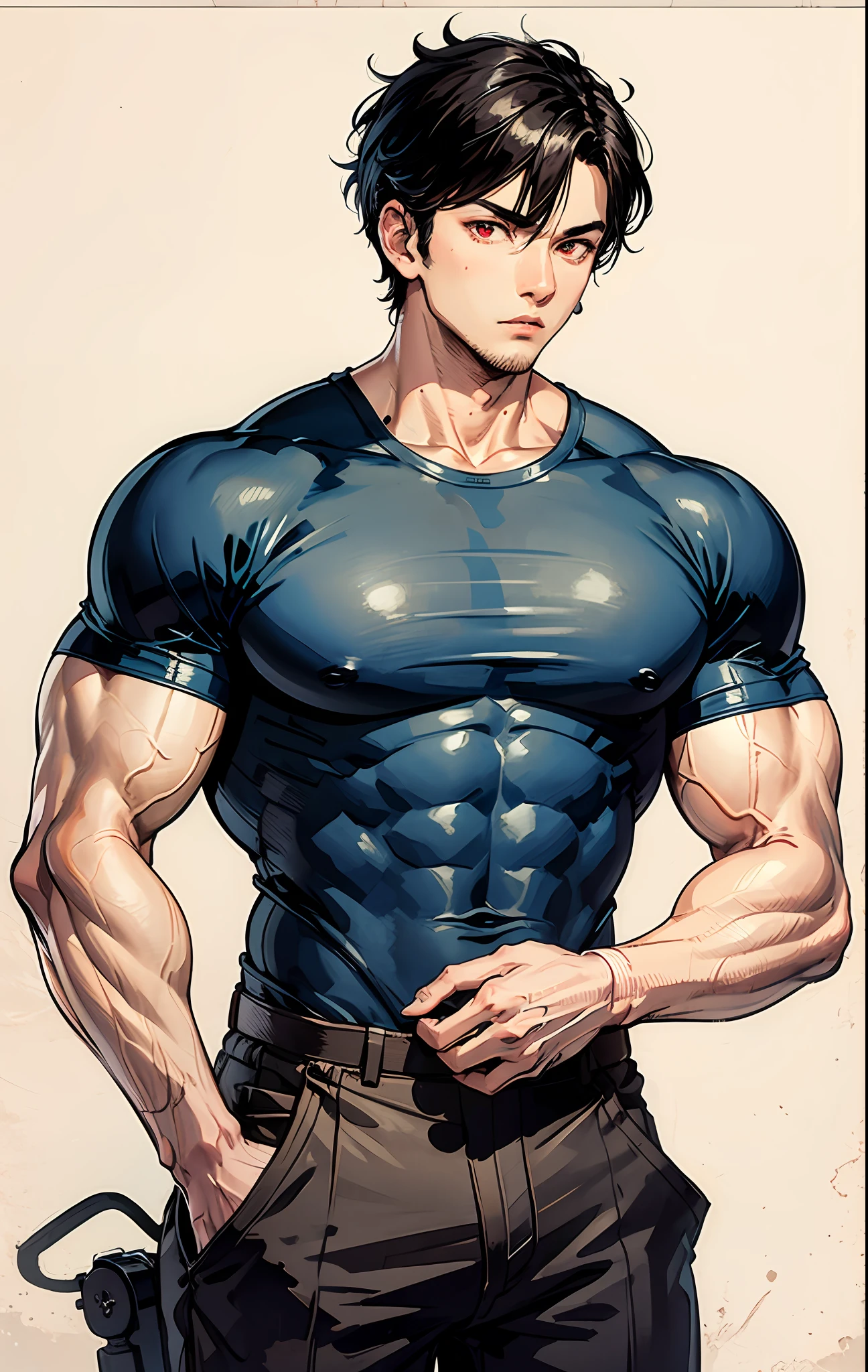 A cool man, muscular man, stony, black hair, red eyes, wearing shirt, simple background