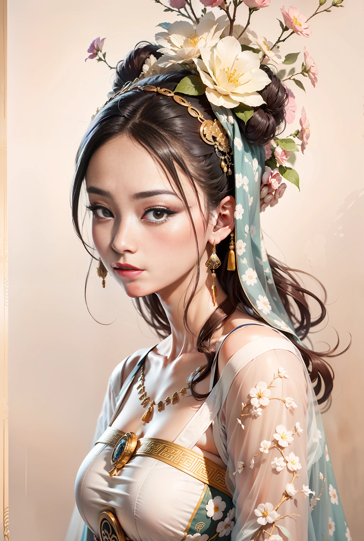 Photographic portraits,Live action,half body photo,Chinese beauty in Tang costume,Delicate face shape,Nice appearance,The eyes are delicately depicted,The eyes are clear and alert,bashful expression,Super good figure,Large chest,The chest is graceful,Oversized,erogenous,high-definition,8K