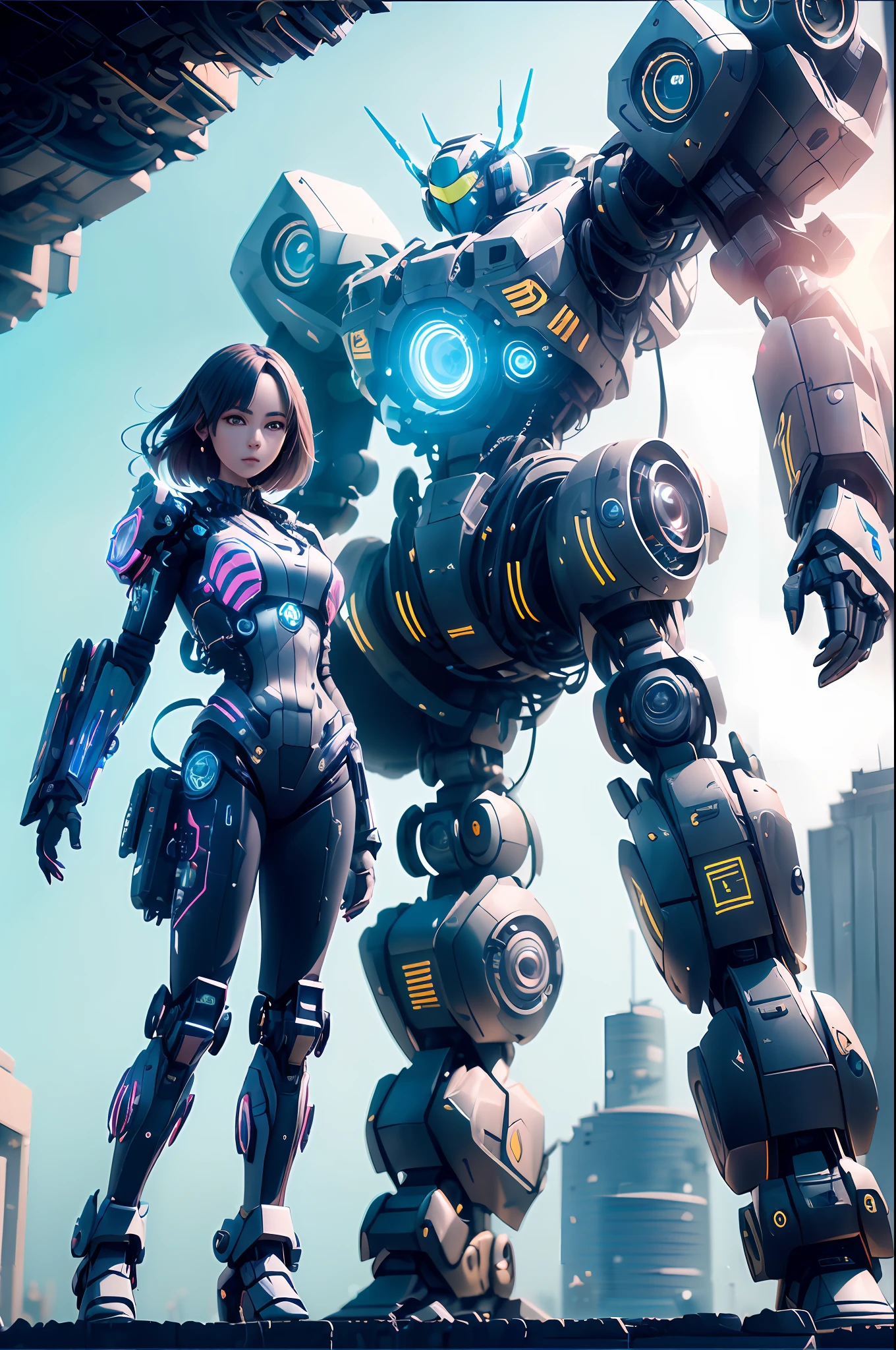 (1woman:2)，1 beauty frontal，（（1. A woman is as big as a mech，Consistent size）），（the panorama：2），Small aperture，((Best quality)), ((Masterpiece)), (Highly detailed:1.3), 3D, pretty，(Cyberpunk:1.2) ，In space，nebulae，Holding_arma，，Facing the audience，Luminous eyes，full full body，（are flying，Dive down，Dynamic：1.4），（Huge mech wings：1.6），Look up，glowing_Eyes，mechamusume，the panorama，The background is the Earth，nebulae，space，Particle，realistically，hdr（High dynamic range）、raytraced、NVIDIA RTX、The ultra-Resolution、illusory 5、sub-surface Scattering、PBR Texture、post-processed、Anisotropic filtration、deep of field、maximum definition and sharpness，multi-layer texture、Albedo and Specular maps、Surface Coloring、Accurately simulate light-material interactions、perfectly proportioned、octane rendered、Two-tone illumination、Large aperture、Low ISO、White balance、rule of thirds、8K raw data、High efficiency sub-pixels，sub-pixel convolution，