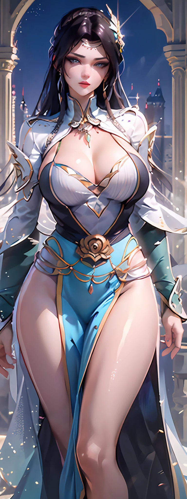 (Best quality, 4k, Masterpiece :1.3), beautiful woman, hyper realistic, 1girl, (massive breasts, attractive body :1.2), Wallpaper HD, Standing on castle, ultra-detailed face, detailed lips, detailed eyes, double eyelid, sensual low-necked dress, open neckline, hanging breasts, Walking pose, visible curves, transparent robe, muscular turned leg, shiny body