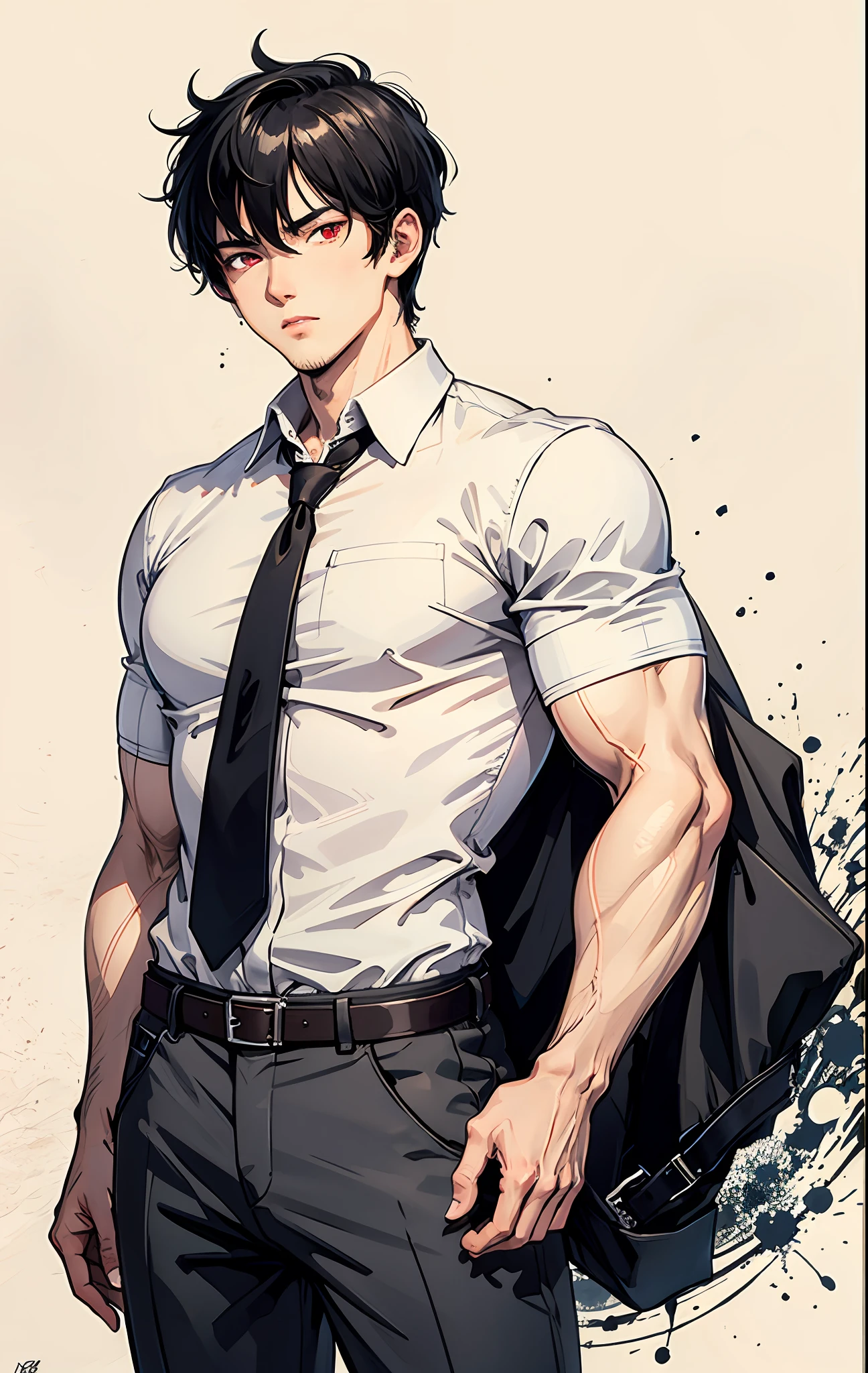 A cool man, muscular man, stony, black hair, red eyes, wearing shirt, simple background
