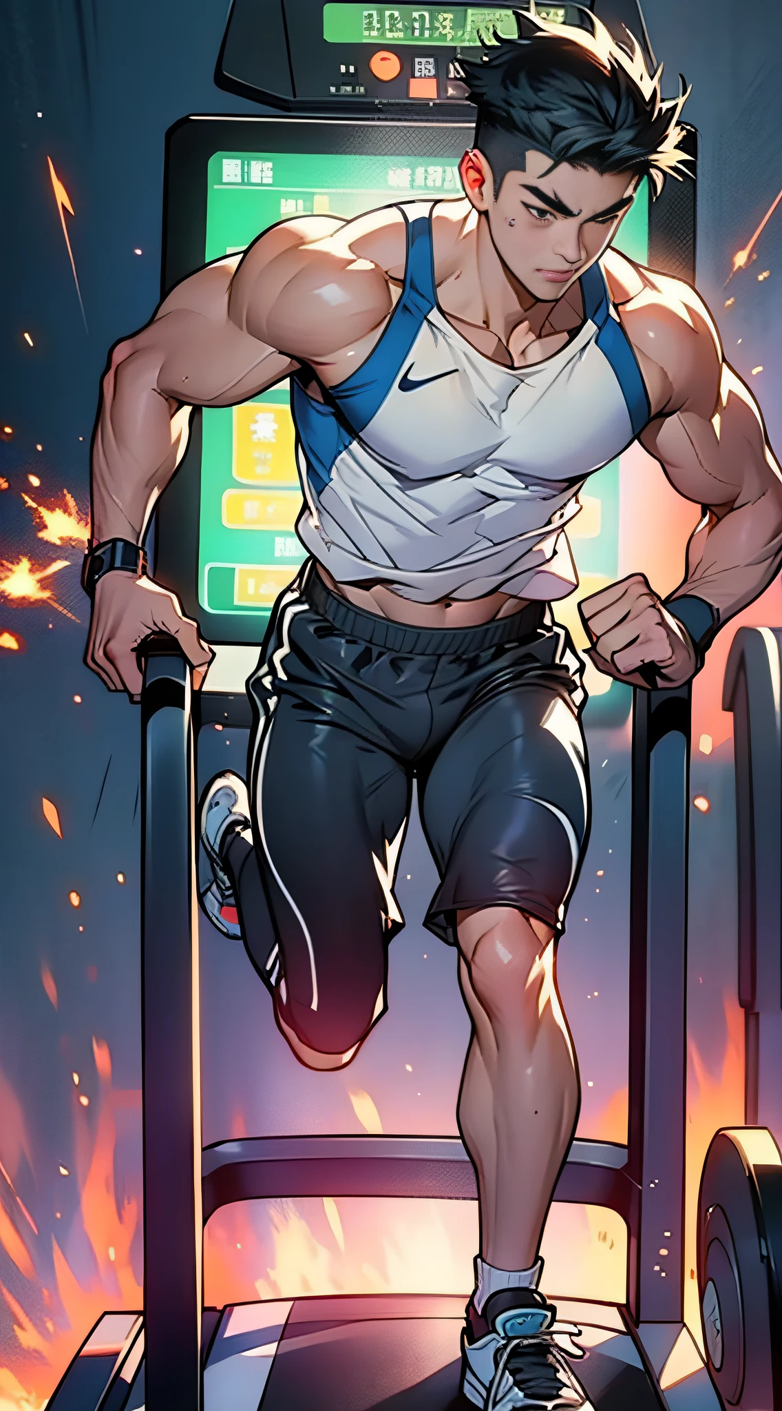 A young man in sportswear stands in front of a high-tech treadmill. After The figure is a transparent shadow of Zhu Rong. He starts running at an incredible speed, with his legs leaving afterimages. The numbers on the treadmill display soar rapidly, and even the treadmill belt is on the verge of breaking due to friction, causing sparks. After 40 seconds, the numbers reach 5000, the maximum value. Suddenly, with a loud bang, the treadmill and the screen explode simultaneously,in the style of the stars art group xing xing,32k, best quality, masterpiece, super detail, high details, by Manhua