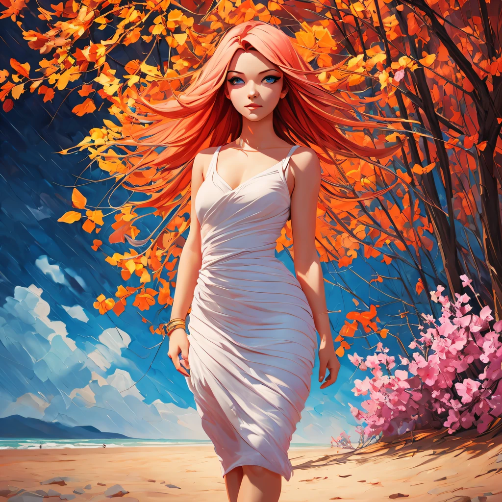 full body shot, by Ilya Kuvshinov, art by Ivan Aivazovsky, art by Leonid Afremov, young anime woman, perfect hourglass figure, posing, ultra cute, ultra joyful, bright blue eyes, pink-orange hair, wearing a warm pink-orange-white ultra uptight beach dress, lut, ultra skin indentation, warm vibrant pastel colors, insane details, intricate details, hyperdetailed, 8k, volumetric light, depth of field, perfect anatomy, completely clean body, art by Leonid Afremov, art by Ilya Kuvshinov,