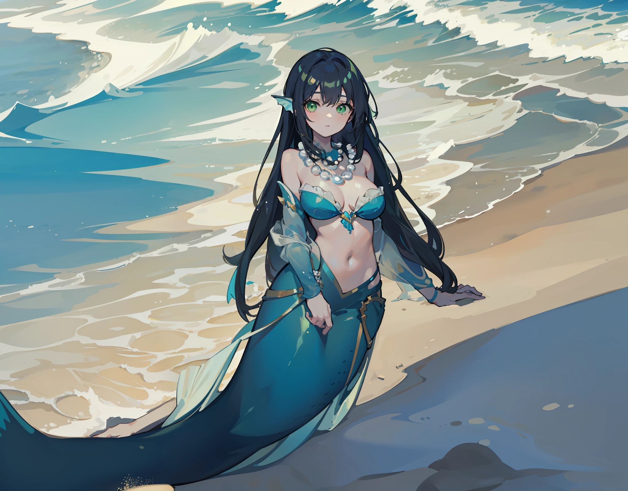 1girl, mermaid, green eyes, pearl necklace, laying down, staring at herself, sandy beaches, inviting, tranquility, beauty, gentle lapping waves, warm sand, Serenity of the shoreline, patterns along the shore. Peaceful ambiance. (masterpiece:1.2), (best quality:1.3).