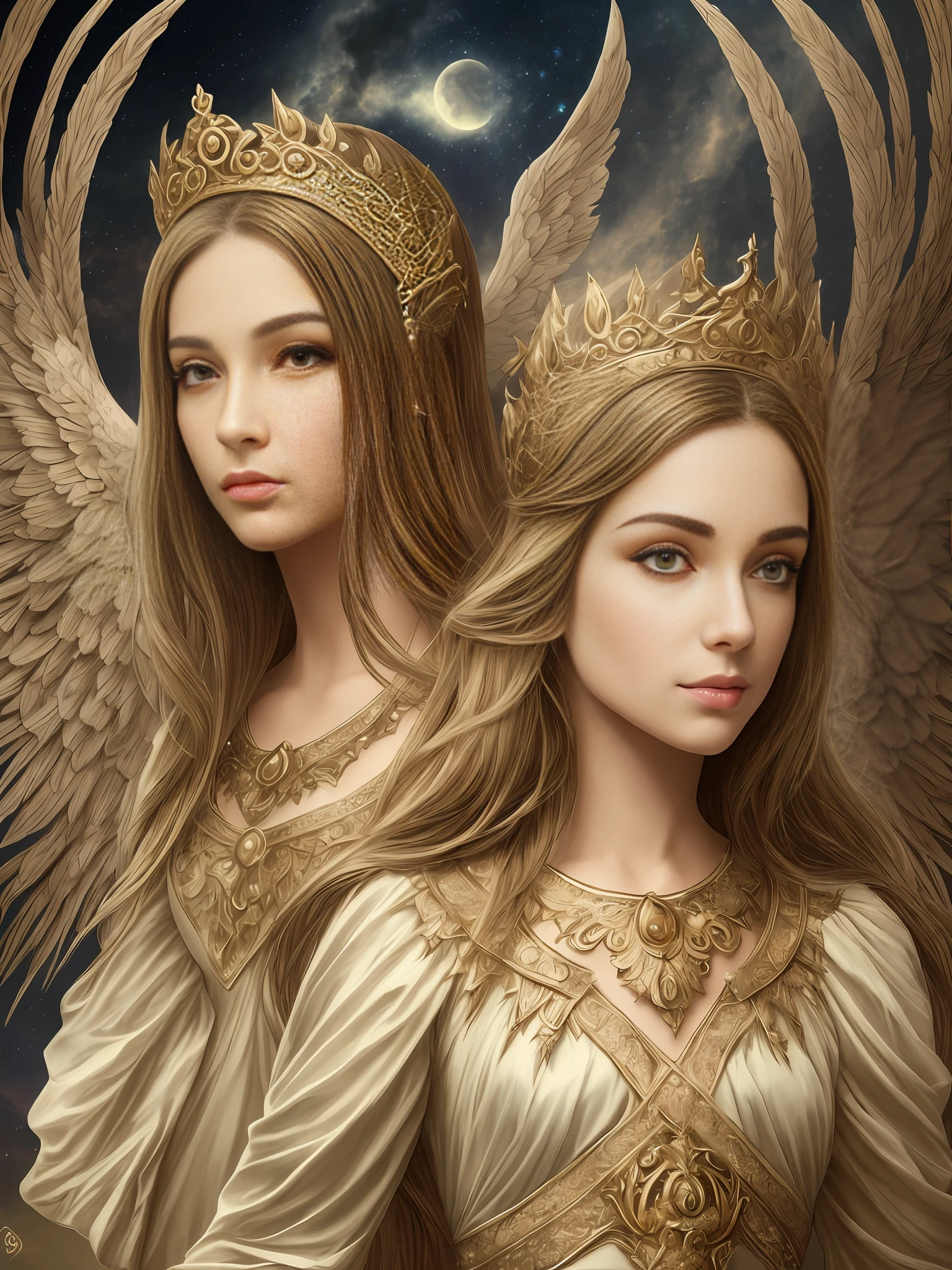 Angel hermoso y perfecto con alas definidas y detalladas, rostro hermoso y perfecto, ojos grises definidos, tunica blanca con destellos plateados y dorados, incrustaciones de joyas preciosas, Obra maestra, realismo, magia, fantasy, ser de luz, ser mistico y Celestial, hd,High quality and resolution, 8k --auto