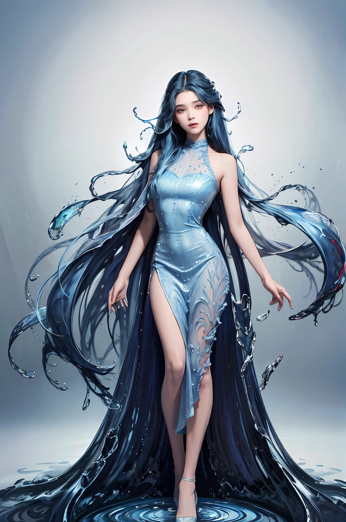 (masterpiece, best quality, high quality, highres, ultra-detailed), 1girl,solo,light_blue_hair,(liquid hair:1.2),liquid shoes,  long hair,floating hair, full body, standing,sundress, liquid clothes,water dress,  best quality, 8k, detailed skin texture,  beautiful detailed face, intricate details, ultra detailed,dancing,    skirt_tail,