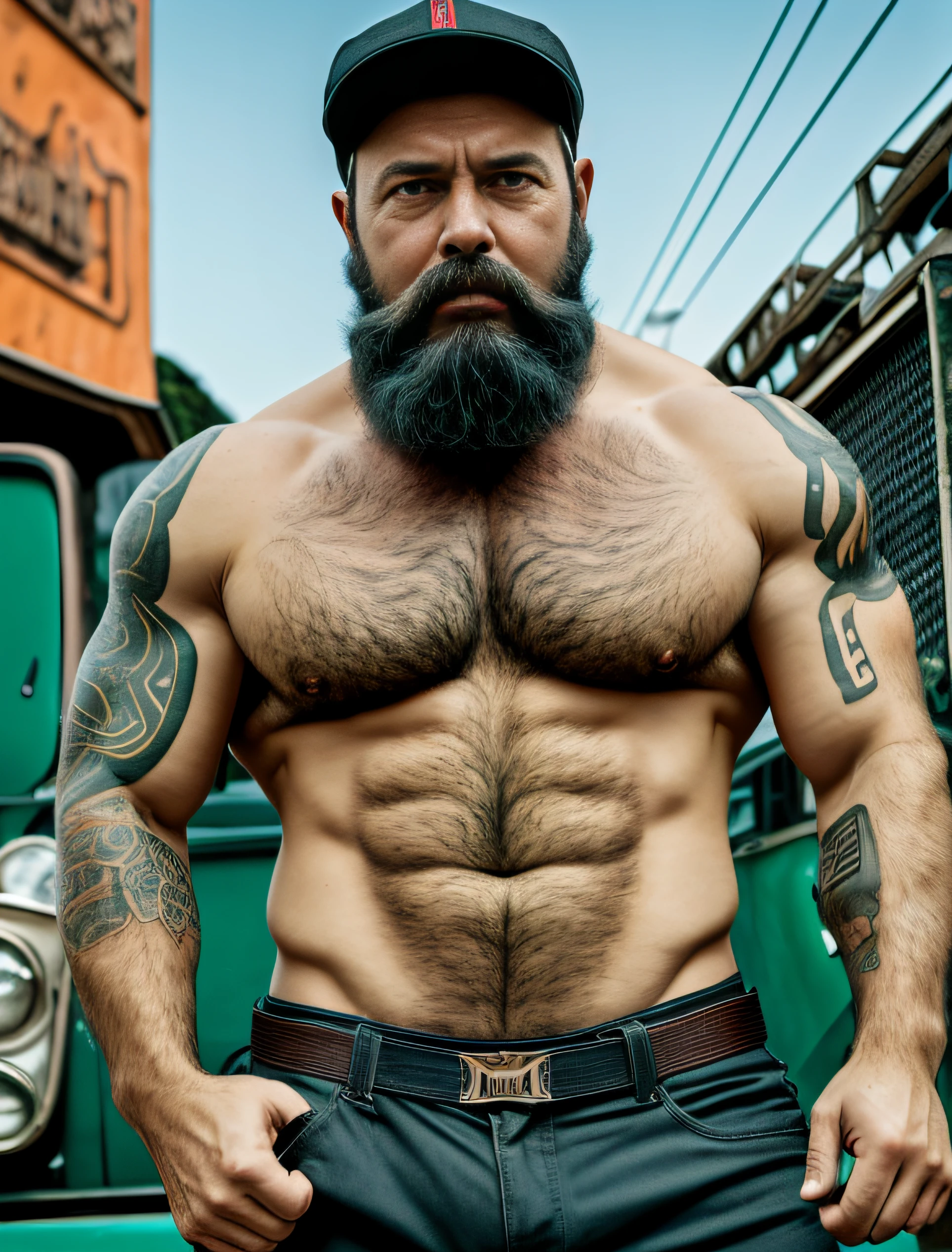 Man with black beard and no shirt standing in front of a truck, robusto e sujo, musculoso, bearded and built, wearing cap, masculino e robusto, verde pesado, Atarracado, Directed by: Alexander Fedosav, Maxim Sukharev, corpo robusto e encorpado, Corpos peludos, Directed by: Ludovit Fulla, by Hristofor Žefarović