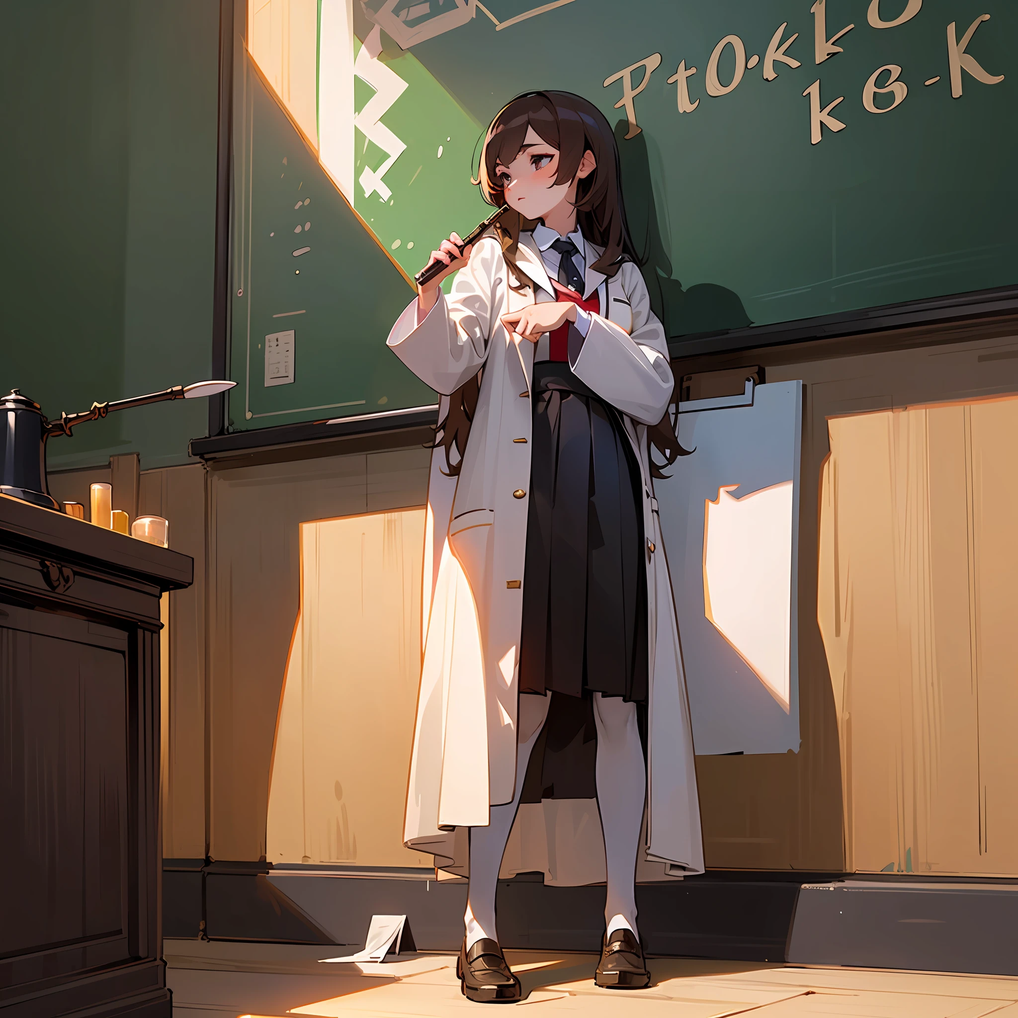 ((best qualiy、8K、A masterpie:1.3))、1girls、full full body、Brown hair、Semi-long、Thread、Eyelashes dark、a school uniform、White robe、Department of Science、chalkboard、Admire the flask、Midday sunshine、Tall
