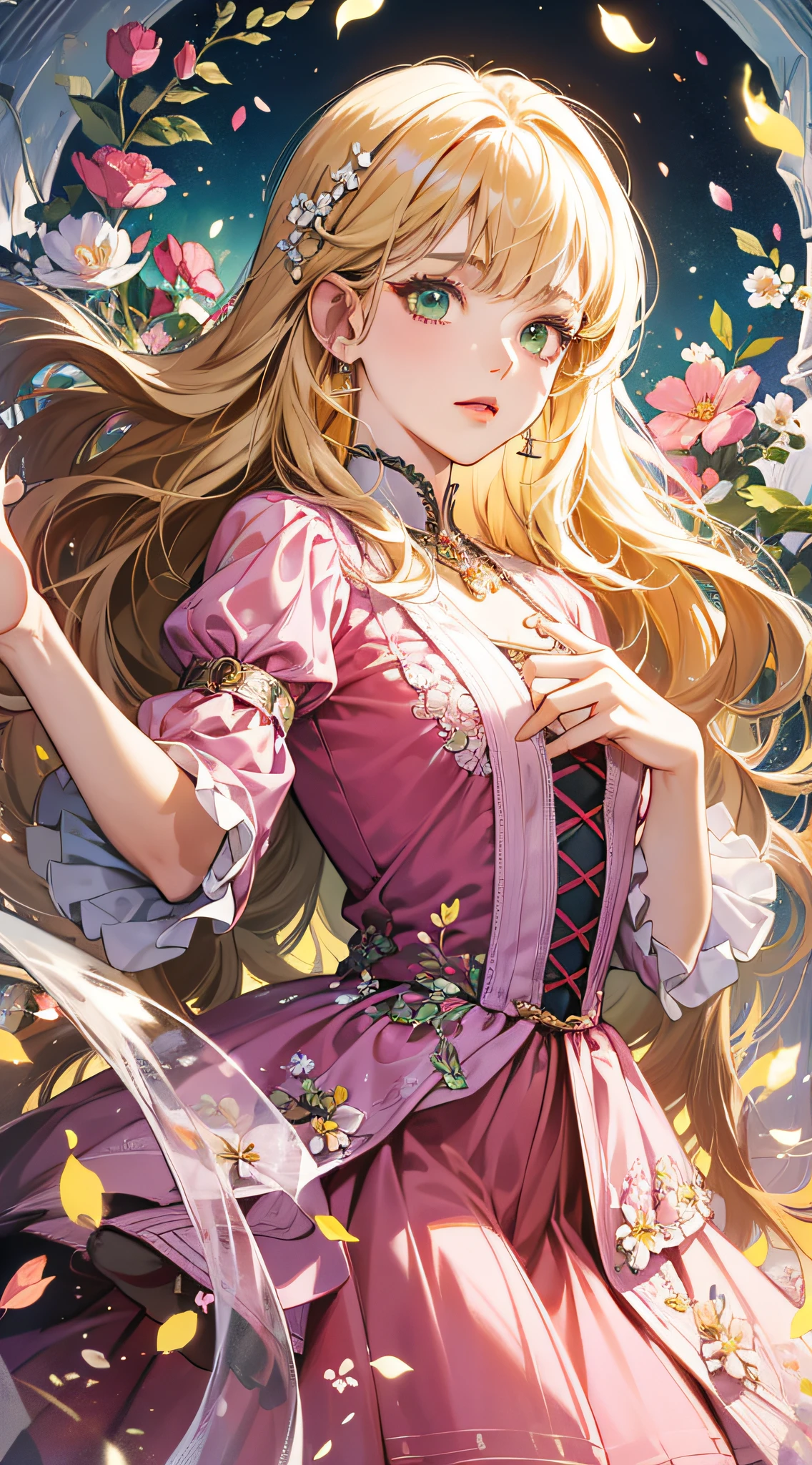 (absurdres, highres, ultra detailed), 1girl, mature female, wavy blonde hair, long hair, blunt bangs, green eyes, pink dress, finely detailed eyes and detailed face, extremely detailed CG unity 8k wallpaper, intricate details, BREAK , kaleidoscopic imagery, symmetrical patterns, vibrant colors, geometric shapes, mesmerizing designs, optical illusions, dynamic composition BREAK , pantomime art, expressive body language, silent storytelling, evocative gestures, visual narratives, theatrical performances BREAK , blooming flowers, colorful petals, fragrant scents, nature's bounty, vibrant gardens, peaceful scenery
