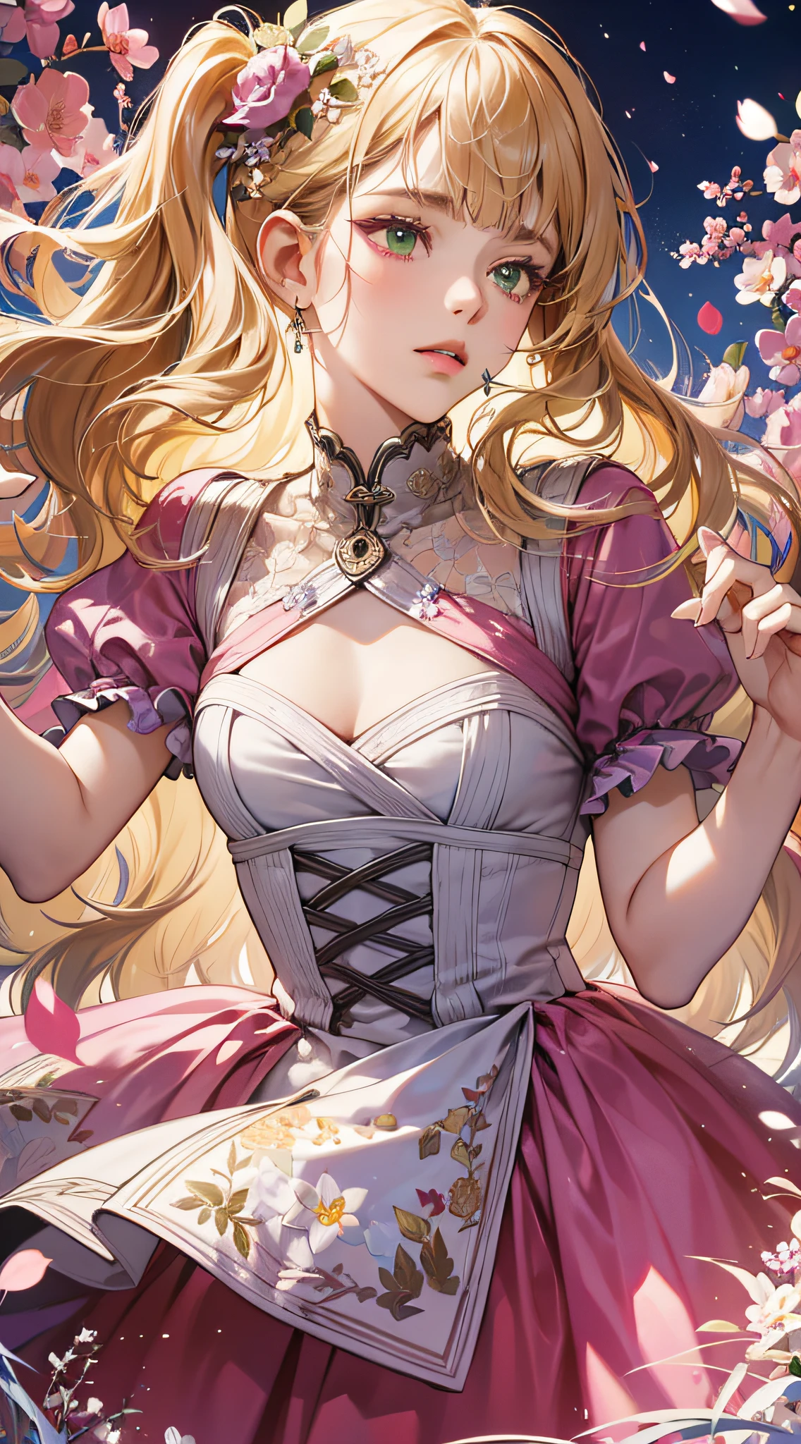 (absurdres, highres, ultra detailed), 1girl, mature female, wavy blonde hair, long hair, blunt bangs, green eyes, pink dress, finely detailed eyes and detailed face, extremely detailed CG unity 8k wallpaper, intricate details, BREAK , kaleidoscopic imagery, symmetrical patterns, vibrant colors, geometric shapes, mesmerizing designs, optical illusions, dynamic composition BREAK , pantomime art, expressive body language, silent storytelling, evocative gestures, visual narratives, theatrical performances BREAK , blooming flowers, colorful petals, fragrant scents, nature's bounty, vibrant gardens, peaceful scenery