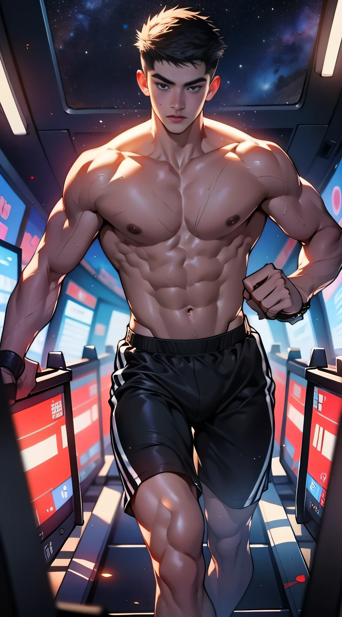 32k, best quality, masterpiece, super detail, high details, A young man in sportswear stands in front of a high-tech treadmill. After The figure is a transparent shadow of Zhu Rong. He starts running at an incredible speed, with his legs leaving afterimages. The numbers on the treadmill display soar rapidly, and even the treadmill belt is on the verge of breaking due to friction, causing sparks. After 40 seconds, the numbers reach 5000, the maximum value. Suddenly, with a loud bang, the treadmill and the screen explode simultaneously,in the style of the stars art group xing xing,