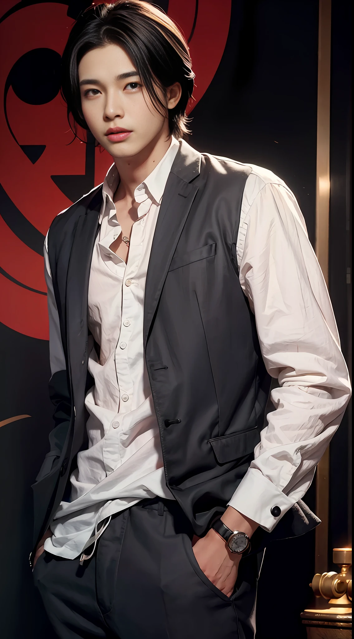 A cool man, young man, red eyes, black hair.