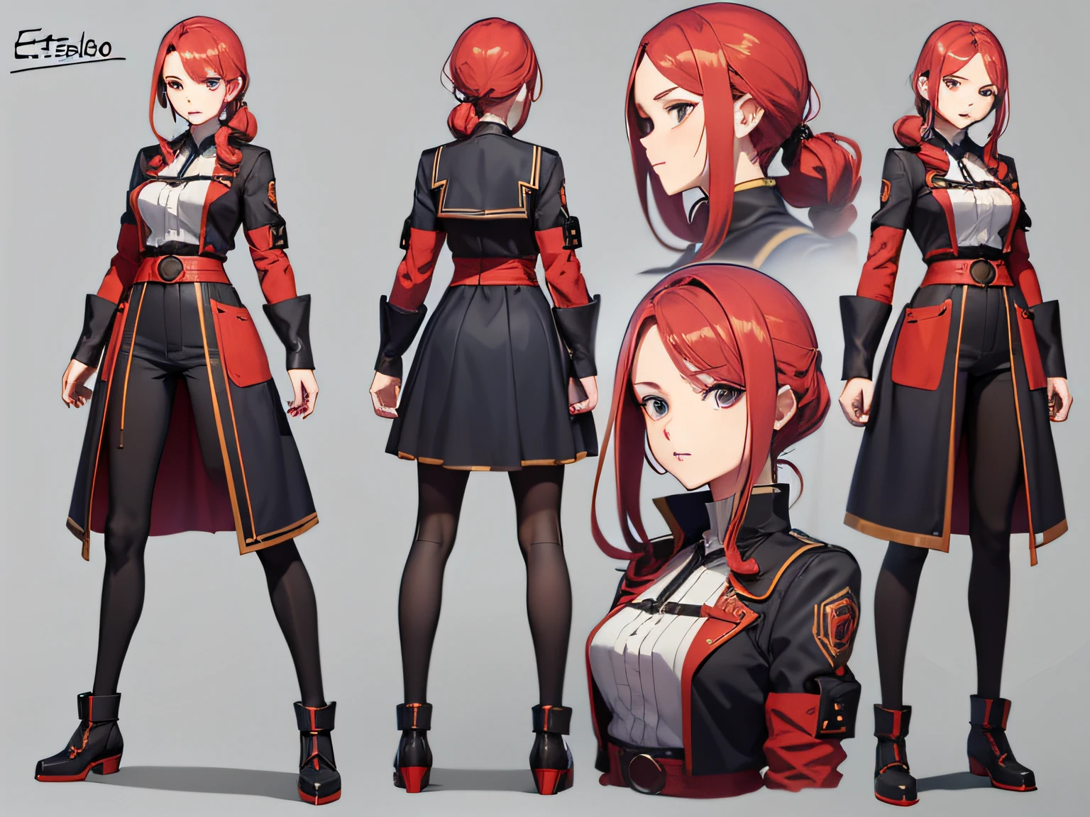 Character Sheet, full-body, famale, red haired, de baixo, estilo anime, 4k, alta qualidade