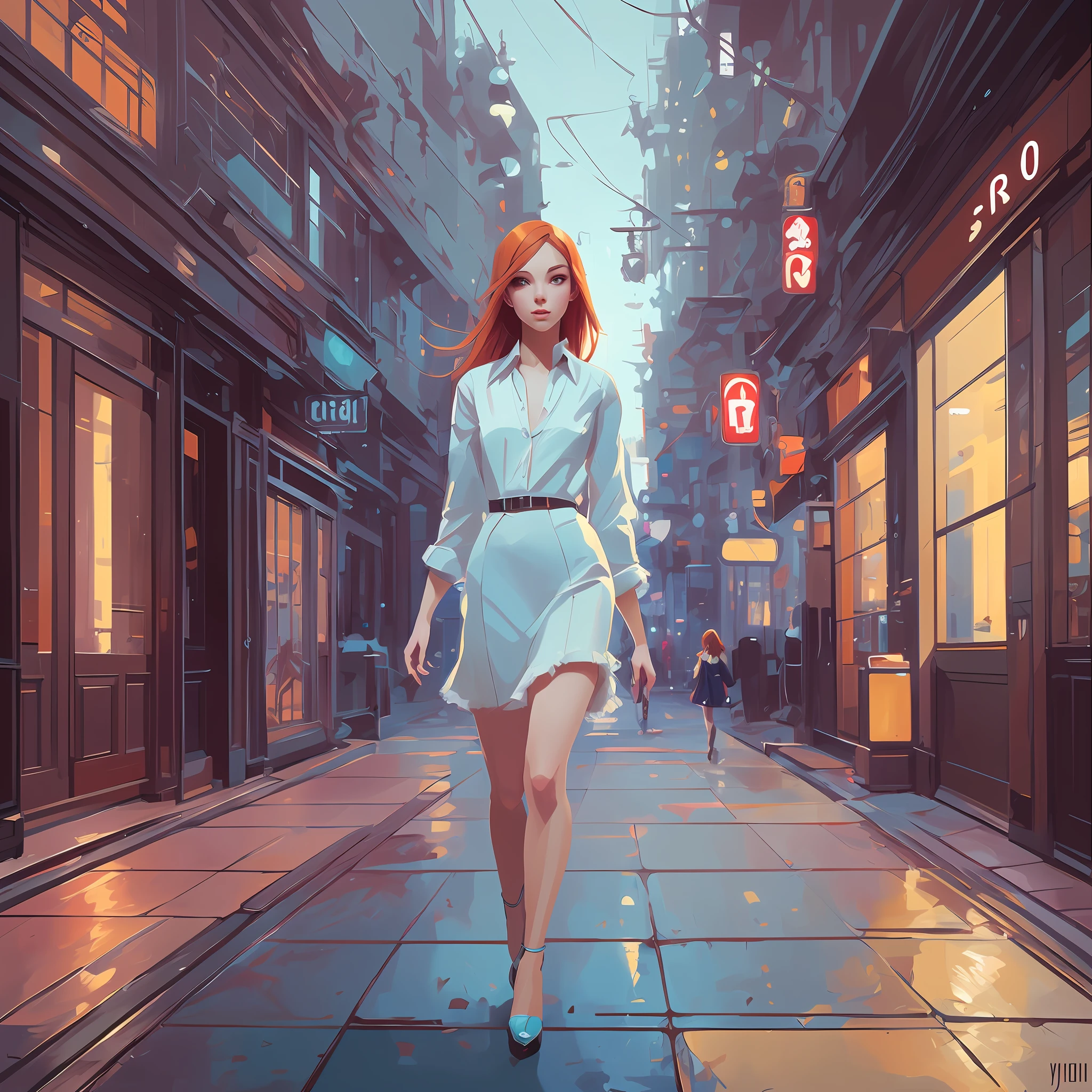 art by Ilya Kuvshinov, art by Jeremy Mann a ultra cute ginger fuzzy young women, walking in the city, a hyper ultra pale lite blue eyes, art by Ilya Kuvshinov, luminous skin, translucent skin