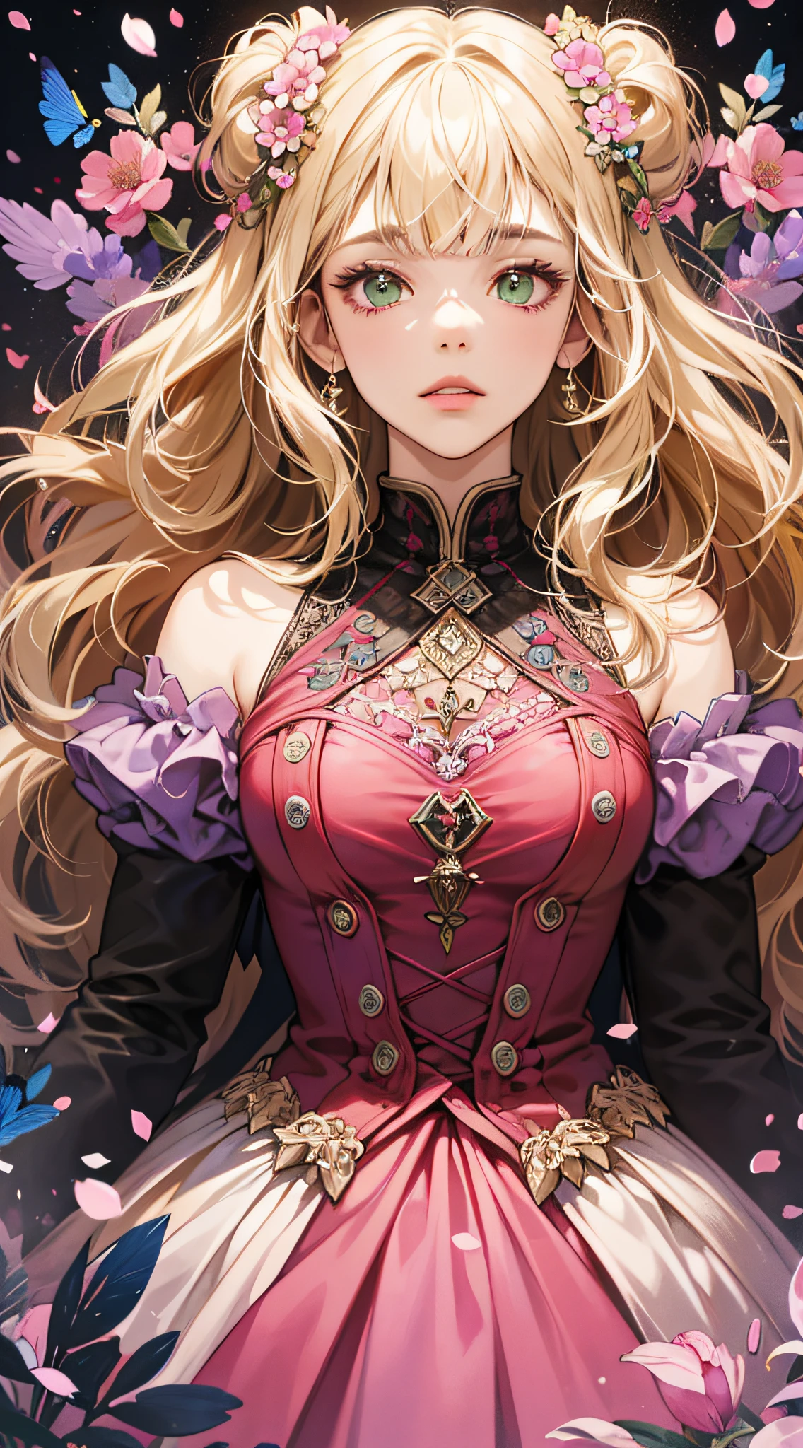 (absurdres, highres, ultra detailed), 1girl, mature female, wavy blonde hair, long hair, blunt bangs, green eyes, pink dress, finely detailed eyes and detailed face, extremely detailed CG unity 8k wallpaper, intricate details, BREAK , kaleidoscopic imagery, symmetrical patterns, vibrant colors, geometric shapes, mesmerizing designs, optical illusions, dynamic composition BREAK , pantomime art, expressive body language, silent storytelling, evocative gestures, visual narratives, theatrical performances BREAK , blooming flowers, colorful petals, fragrant scents, nature's bounty, vibrant gardens, peaceful scenery