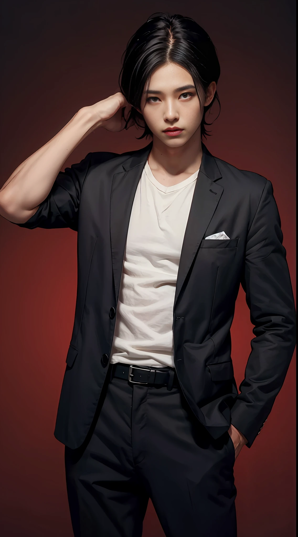 A cool man, young man, red eyes, black hair.