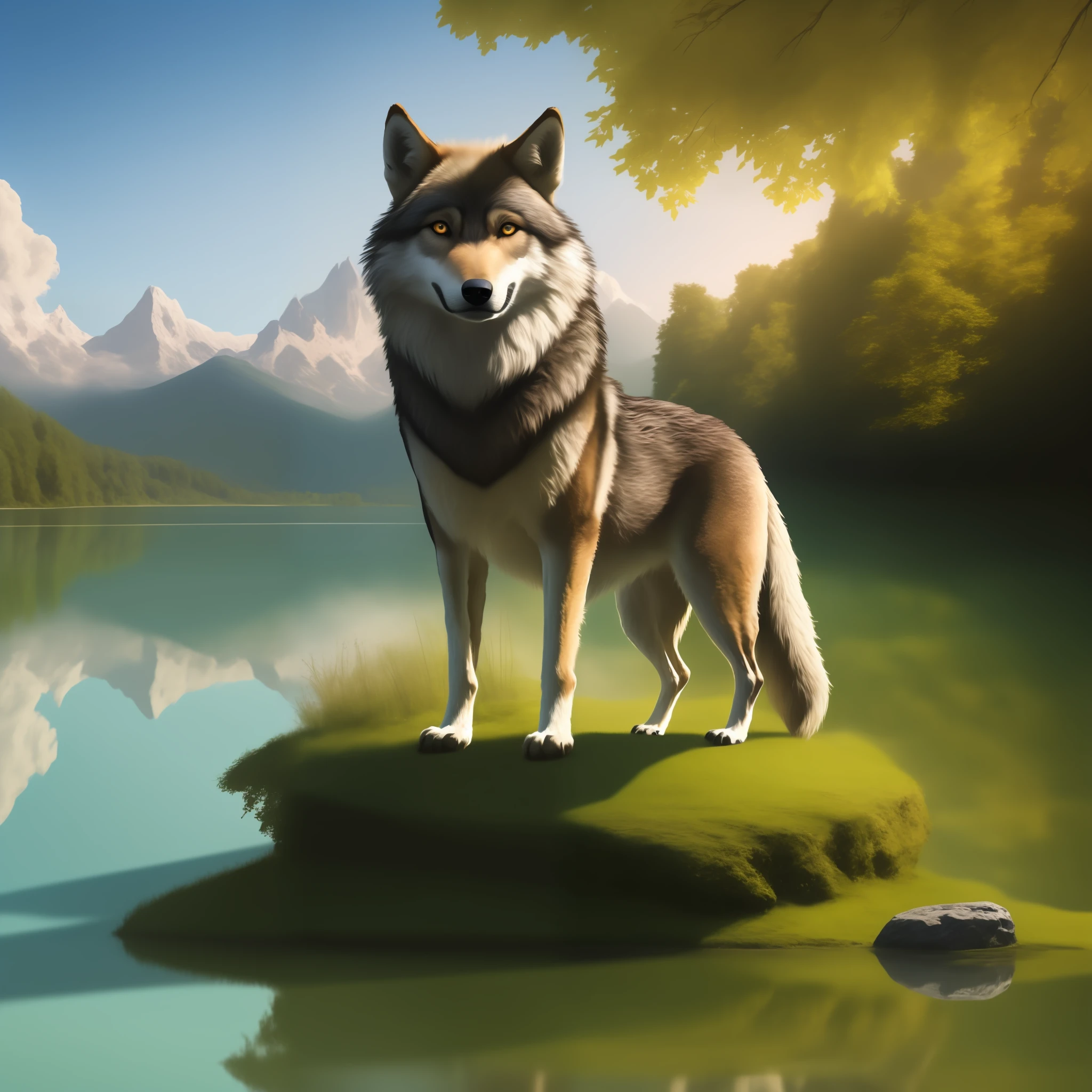 Painting of a wolf standing on a rock by a lake, Guardian of the Sacred Lake, Arte digital altamente detalhada em 4k, por Jason Benjamin, pintura digital altamente detalhada, high detailed illustration, grande lobo, arte detalhada de alta qualidade 8K, Marcos Adamus, high detailed illustration, arte digital altamente detalhada em 3d