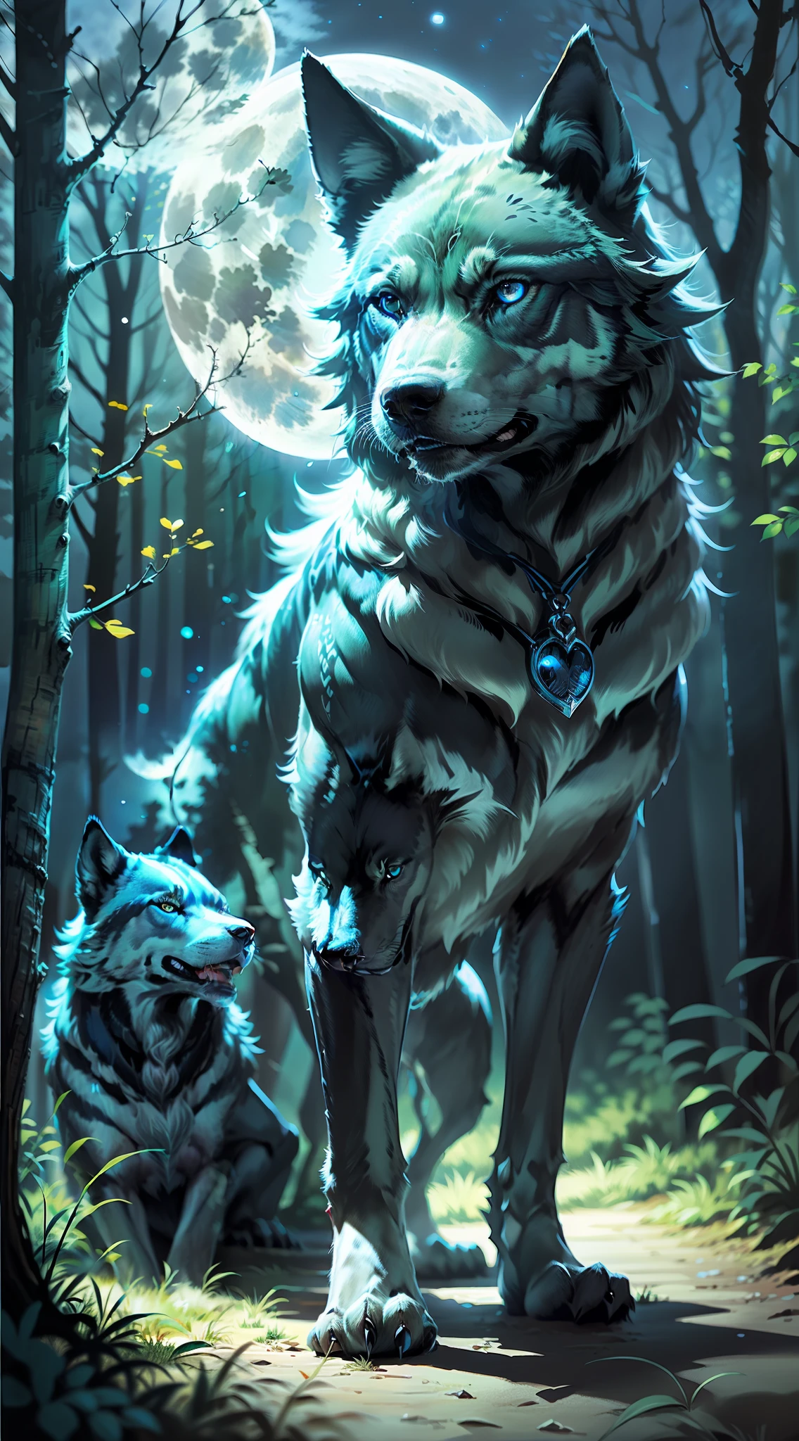 (Photorealistic open image) Super wolf protector of the pack, "black colored wolf bright blue eyes." Canine pack of wolves, (full moon, night forest)