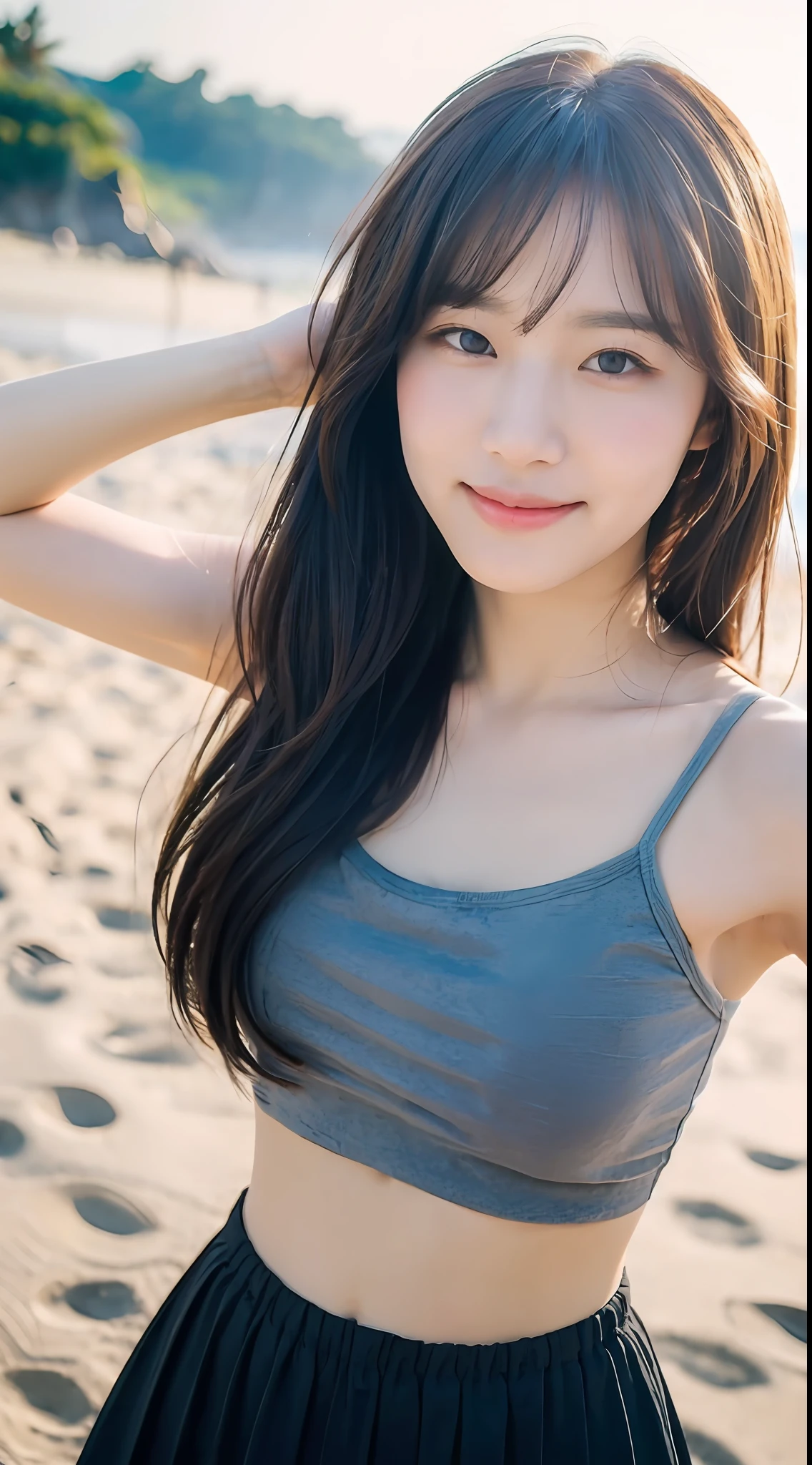 (1 Korean star with royal sister style), ((best quality, 8k, masterpiece: 1.3)), (beach: 1.8), focus: 1.2, perfect body beauty: 1.4, (pouting smile: 1.2), (hips: 1.3), highly detailed face and skin texture, fine eyes, double eyelids, whitening skin, (long hair, air bangs: 1.3), (beautiful perfect face: 1.5), (beach skirt: 1.4),