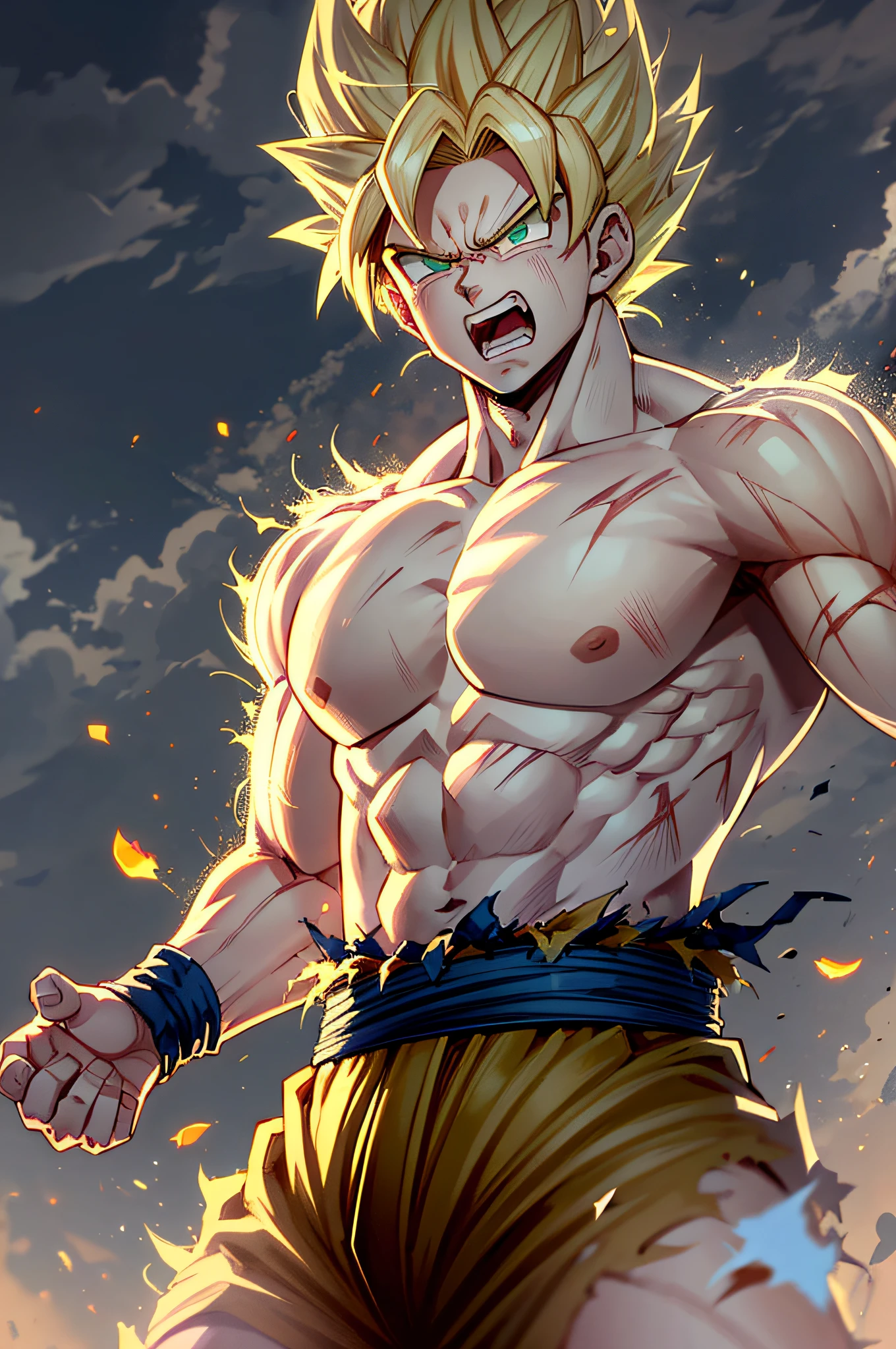 son goku, 1boy, angry, battle damage, blonde hair, blue sash, clenched teeth, furious, green eyes, male focus, muscular, muscular male, pectorals, sash, solo, spiked hair, super saiyan, super saiyan 1, teeth, topless male, torn clothes, wristband, ((masterpiece))
