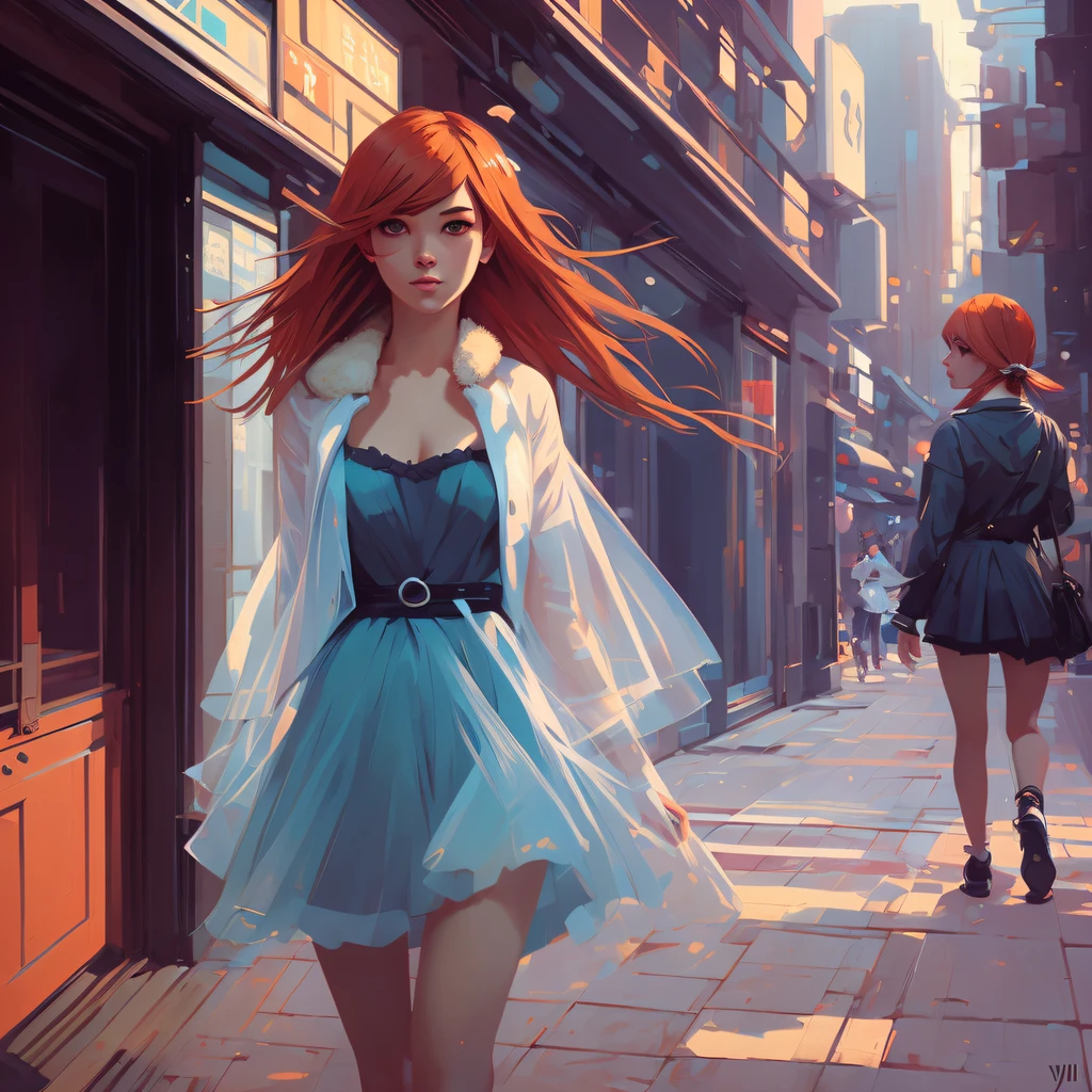 art by Ilya Kuvshinov, art by Jeremy Mann a ultra cute ginger fuzzy young women, walking in the city, a hyper ultra pale lite blue eyes, art by Ilya Kuvshinov, luminous skin, translucent skin