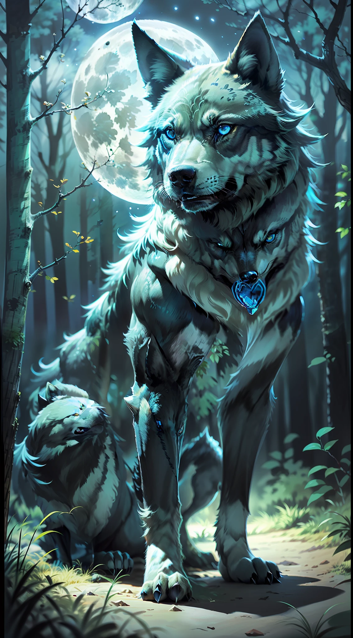 (Photorealistic open image) Super wolf protector of the pack, "black colored wolf bright blue eyes." Canine pack of wolves, (full moon, night forest)