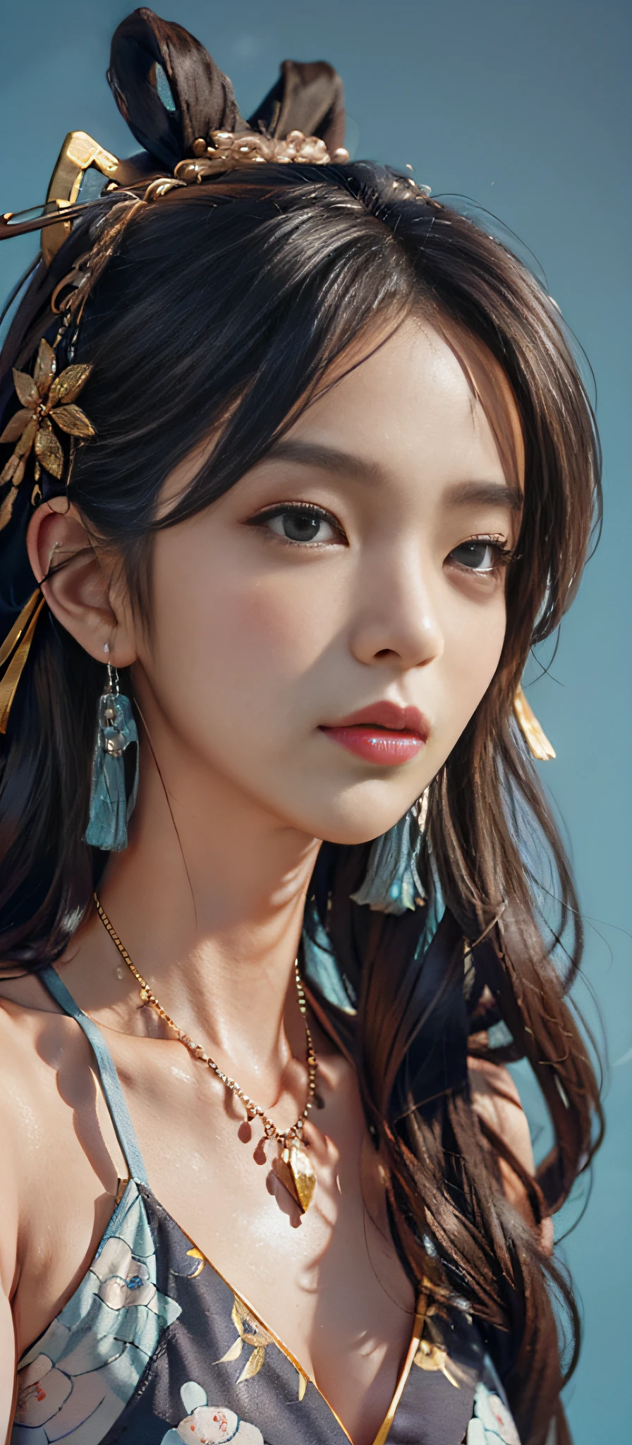 Portrait of an ancient Chinese girl， close-up， big eyes， blue background， plane illustration，Minimalism， geometric figure，classical beauty --no triangle --s 1000 --style expressive
