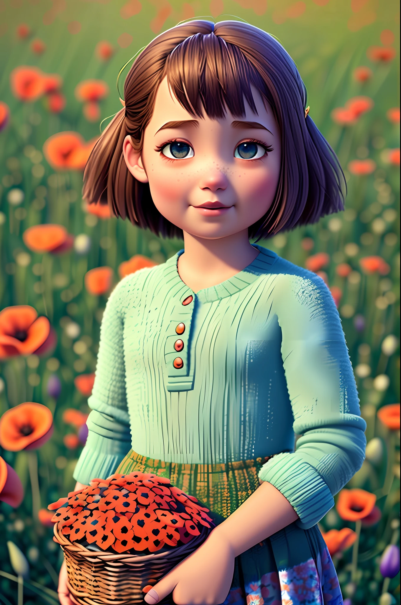 (pixarstyle:1.25) a waist-length portrait of a little girl with a basket of flowers, overgrown with poppy flower, natural skin texture, 4k textures, hdr, intricate, highly detailed, sharp focus, cinematic look, hyperdetailed