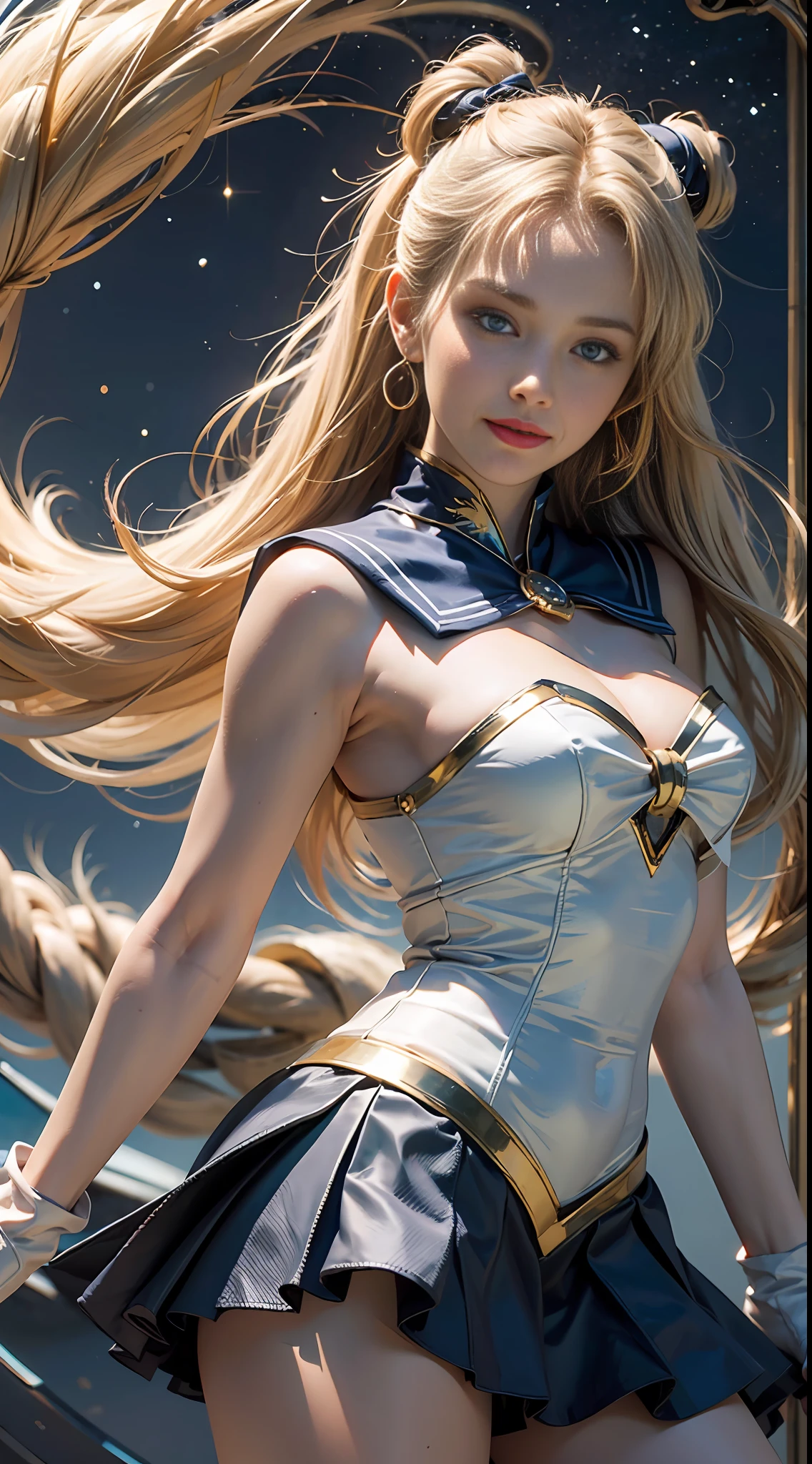 (Extreme detail CG Unity 8K wallpaper, masterpiece, highest quality), (exquisite lighting and shadow, highly dramatic picture, cinematic lens effect), (Sailor Moon: 1.1), charming smile, double tail, blue eyes, blond hair, tight top, white gloves, mini skirt, dynamic pose), the background is the universe (excellent detail, excellent lighting, wide angle), (excellent rendering, enough to stand out in its class),