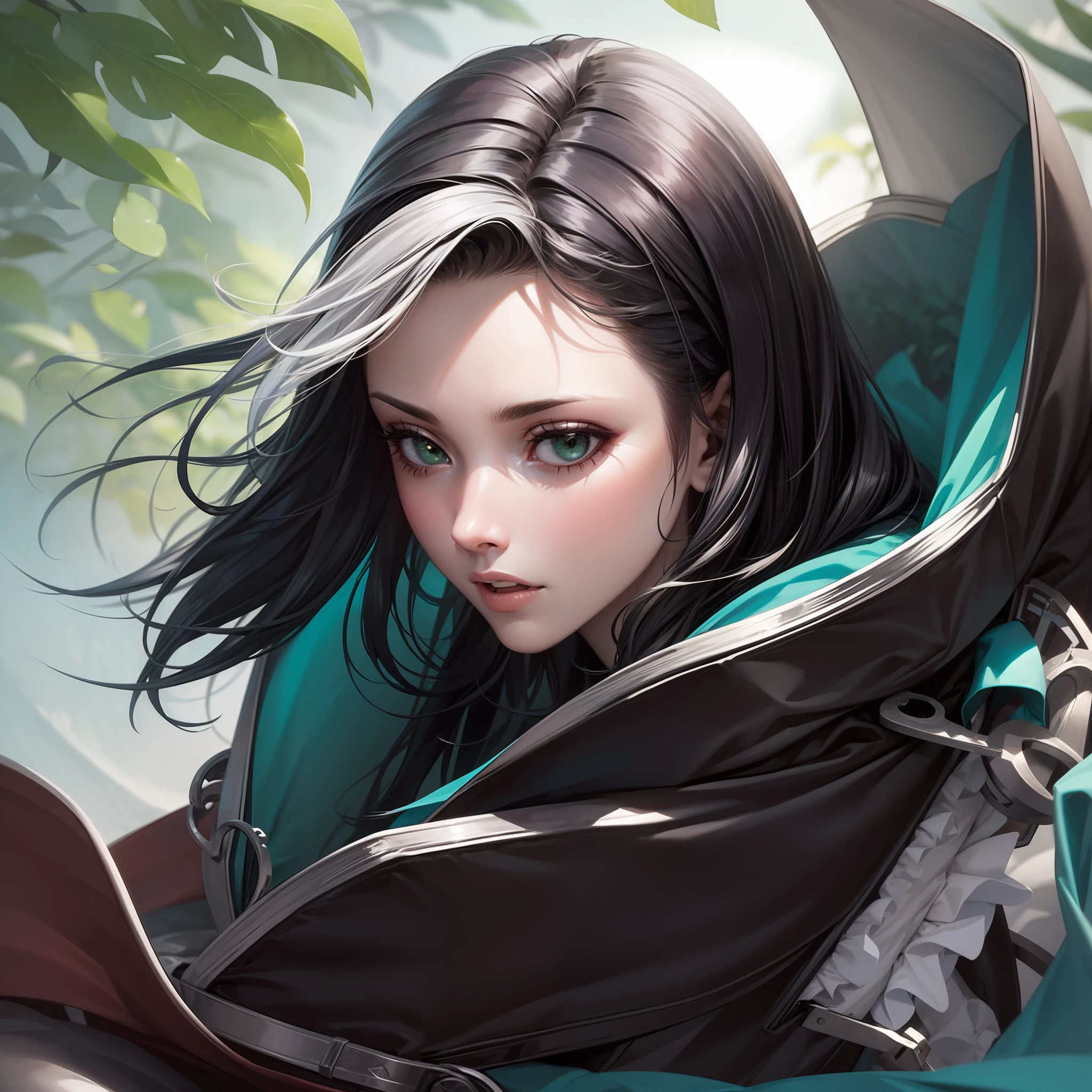 1girl, black and white hair, green outfit