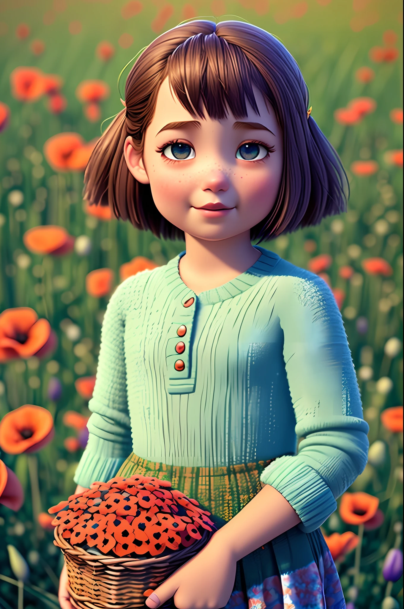 (pixarstyle:1.25) a waist-length portrait of a little girl with a basket of flowers, overgrown with poppy flower, natural skin texture, 4k textures, hdr, intricate, highly detailed, sharp focus, cinematic look, hyperdetailed