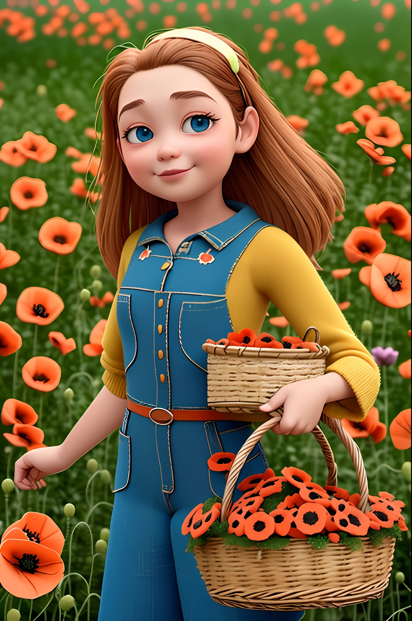 (pixarstyle:1.25) a waist-length portrait of a little girl with a basket of flowers, overgrown with poppy flower, natural skin texture, 4k textures, hdr, intricate, highly detailed, sharp focus, cinematic look, hyperdetailed