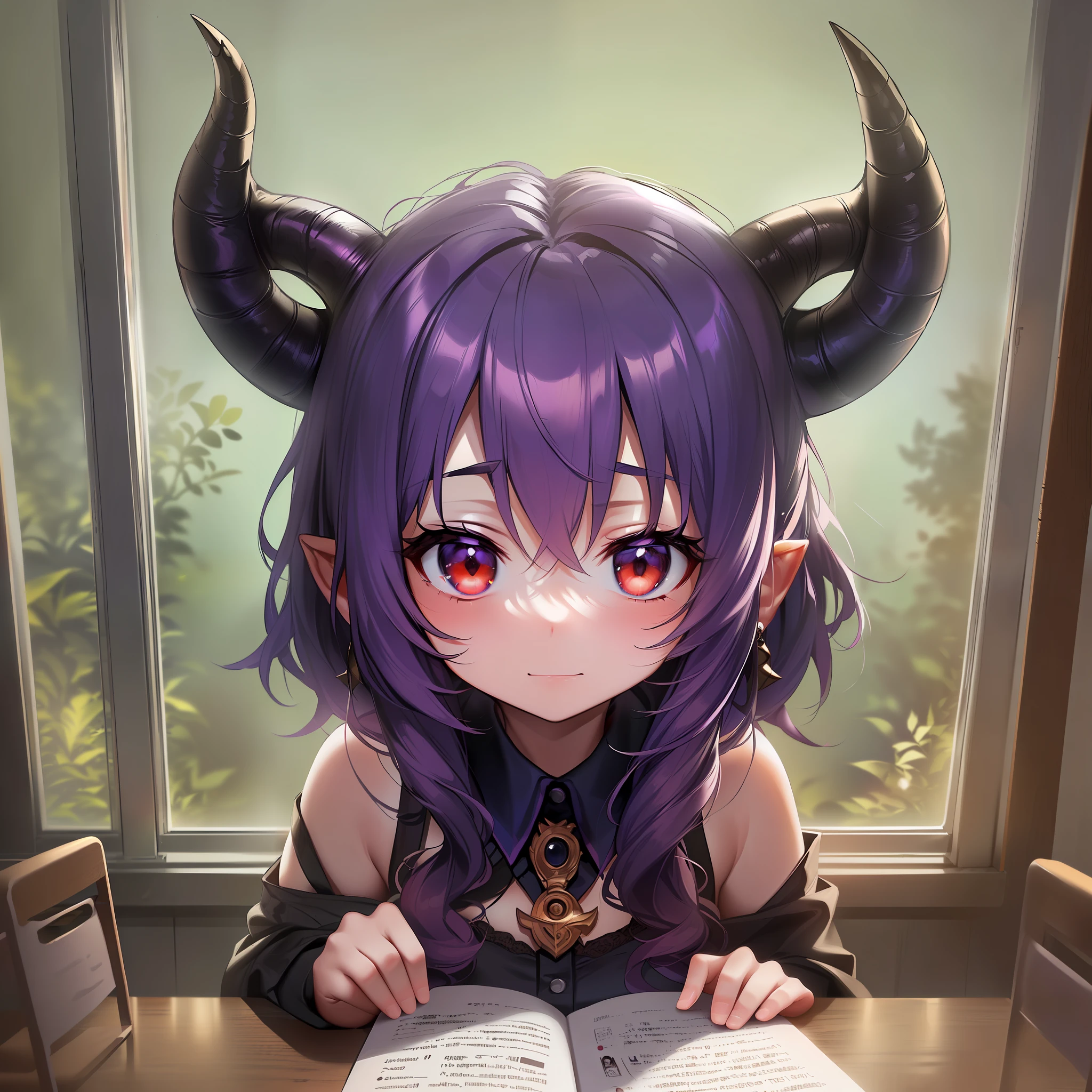 A little demon with horns of an elder，Wait in the classroom for the teacher's comment，High-tech style，The Masterpiece