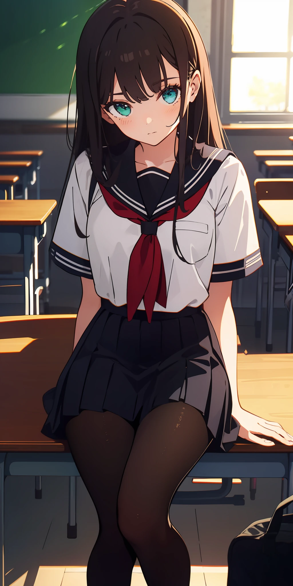 masterpiece, best quality, super detailed, illustration, colorful, falt color, depth of field, lens flare, 1girl, anime, sitting, brunette, looking at viewer, school, classroom, pleated miniskirt, school uniform, serafuku, black Pantyhose, detailed skin texture, detailed cloth texture, beautiful and detailed face,