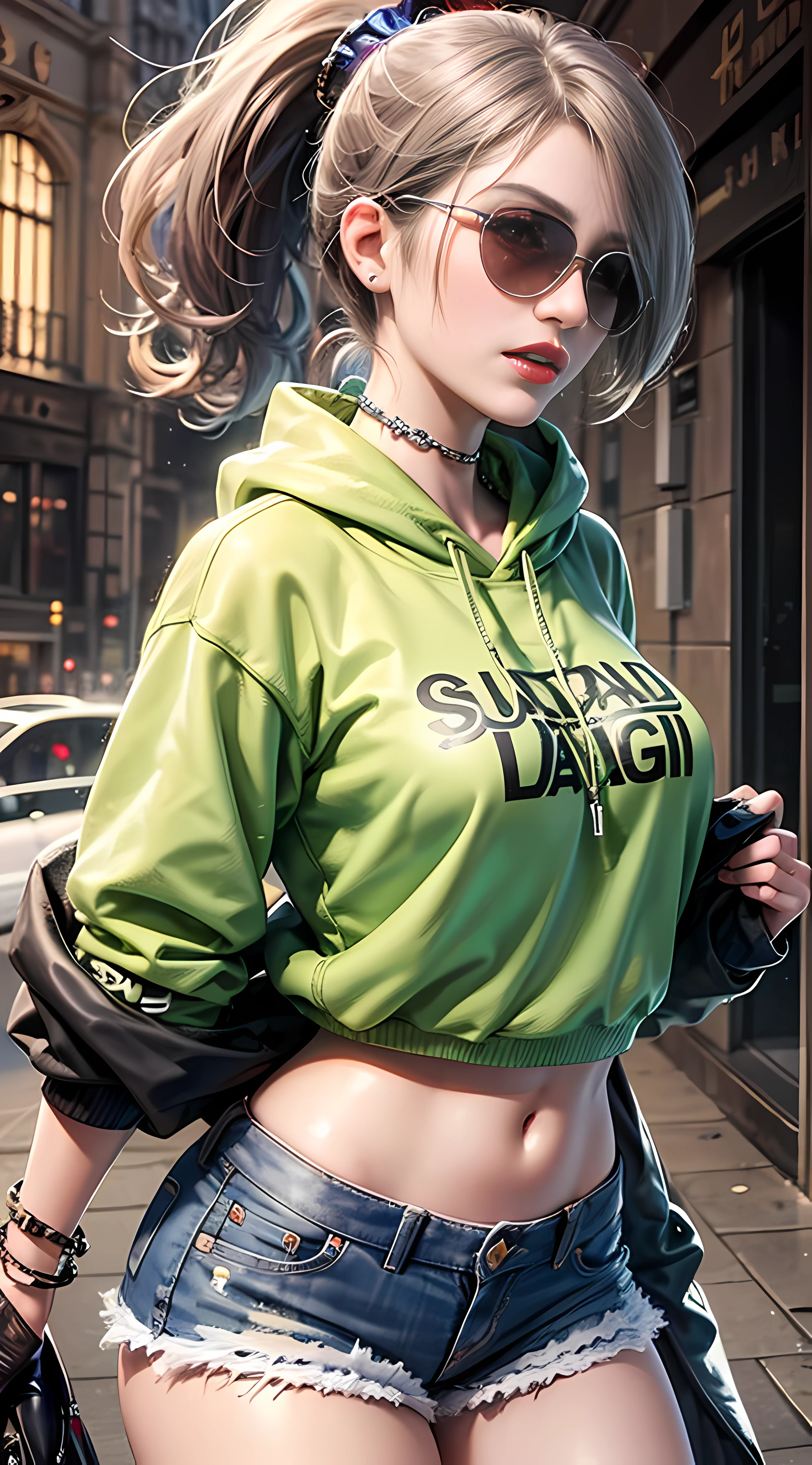 Ultra high quality,8K,gal girl,Sexy and feminine, high and cold,Enchanting,The head proportions are perfect,Gray high ponytail,Wear a sweatshirt monogram print, High Waist Shorts,Flaming red lips,Swan neck,neck chains,sun is shining brightly,With sunglasses,Straight teeth