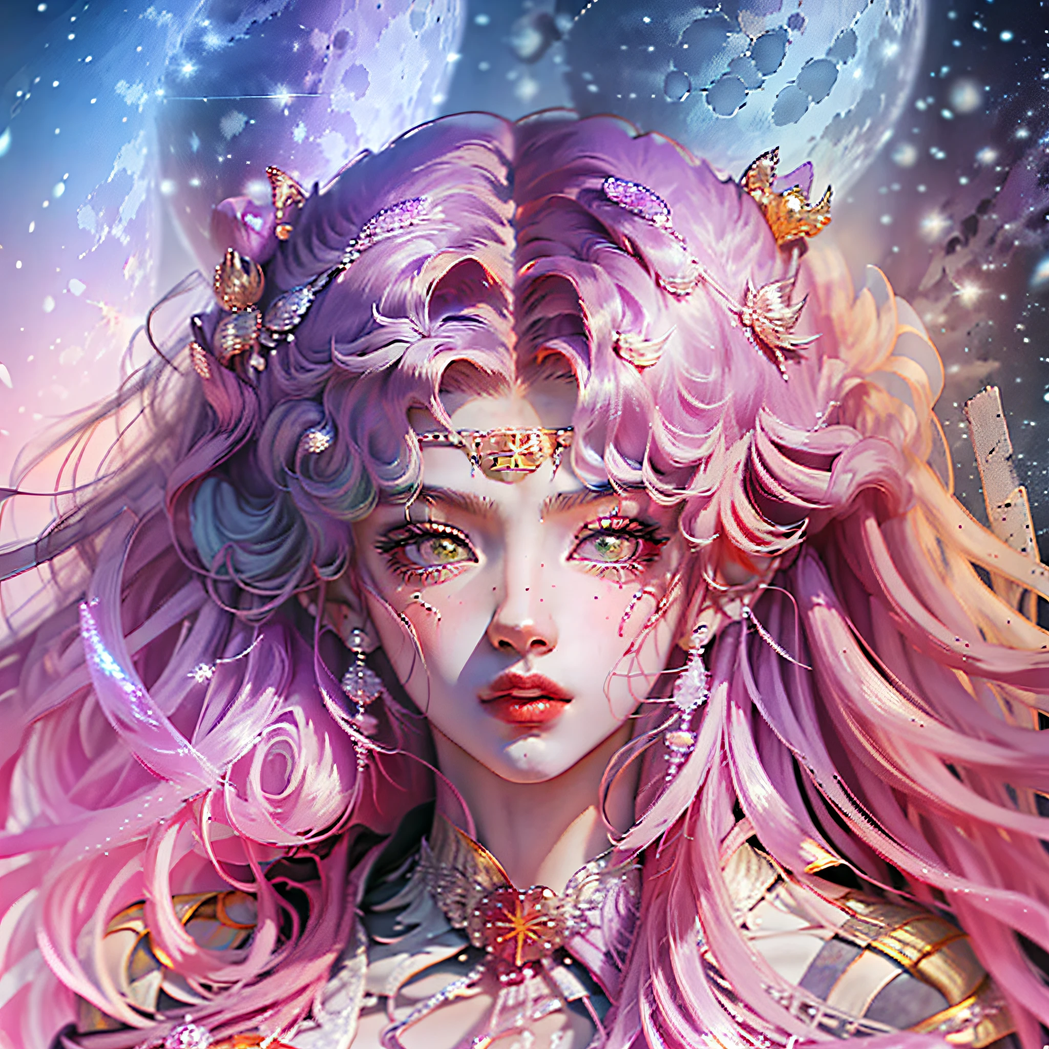 (Drawing style anime, character close-up, beautiful girl with long hair, purple dress, highlighting facial structure) + (background: big moon) + (full body portrait, Guvez art style, 8K, 12 zodiac female knights) + (4K anime manga style, Sailor Moon) + (beautiful depiction, super detailed art details, Guvez art style)