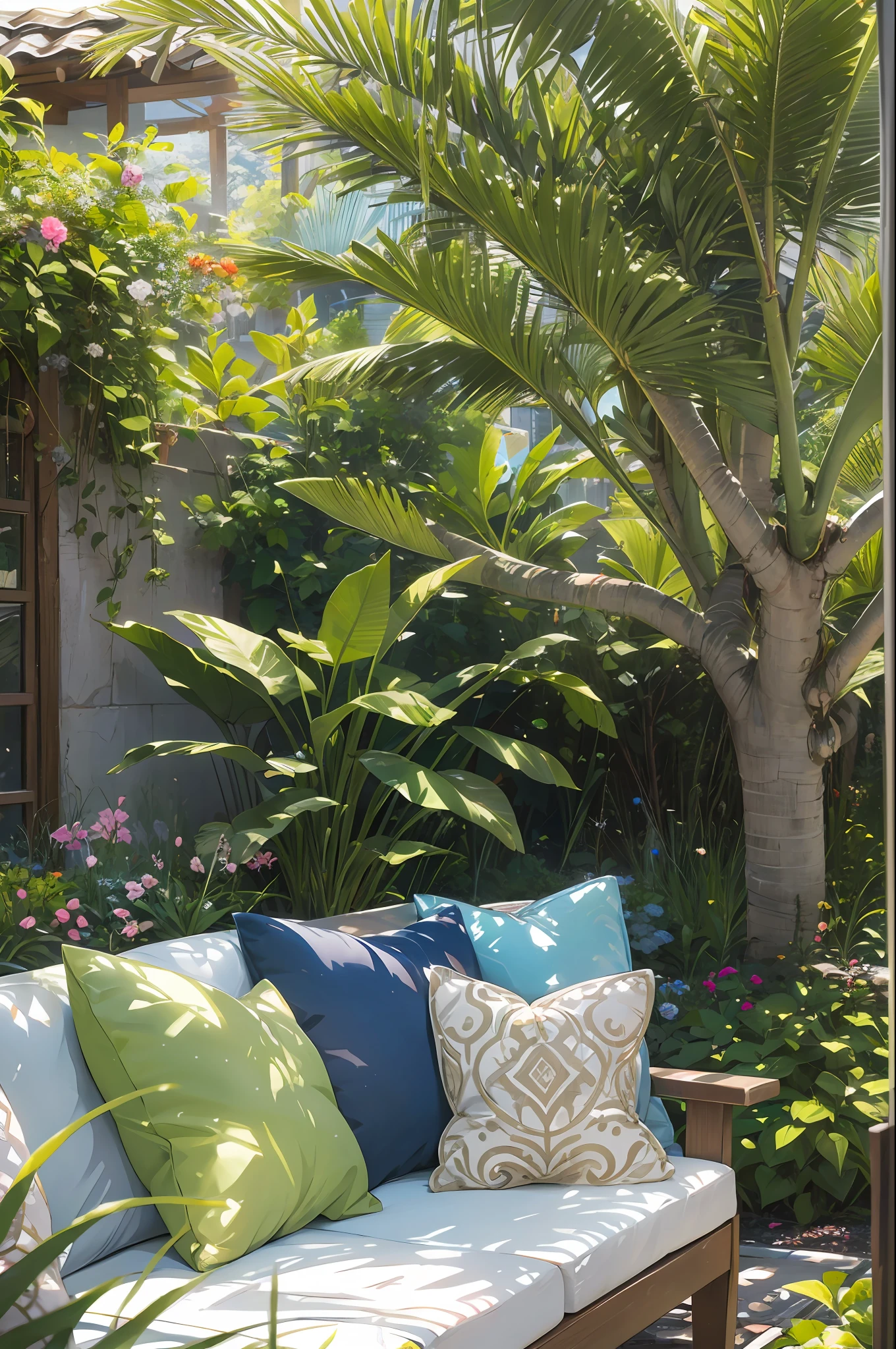 a paradise garden, with a special space with table and chairs, cozy, exotic --auto --s2